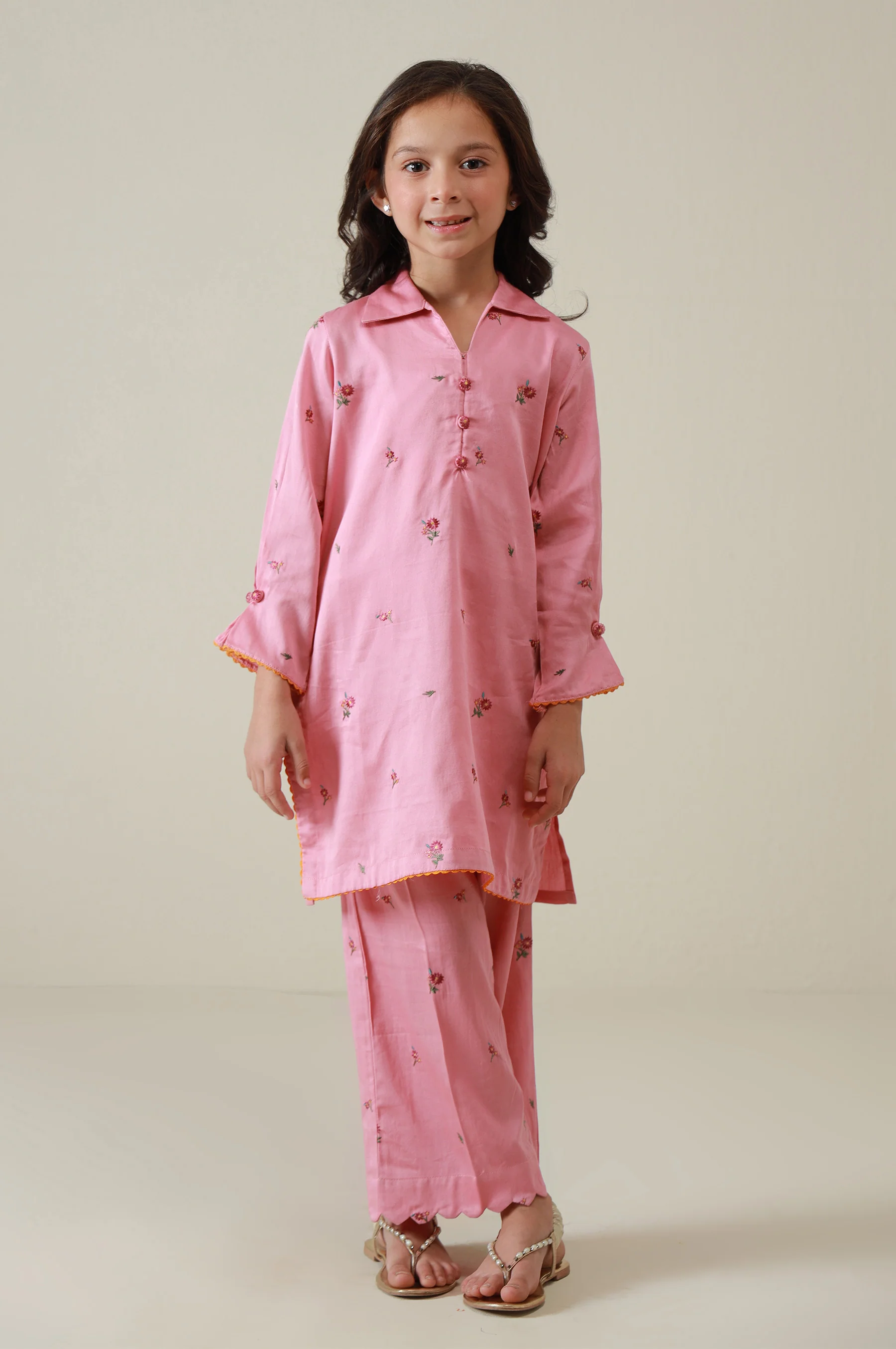 Stitched 2 Piece Embroidered Cotton Satin Suit - Image 3