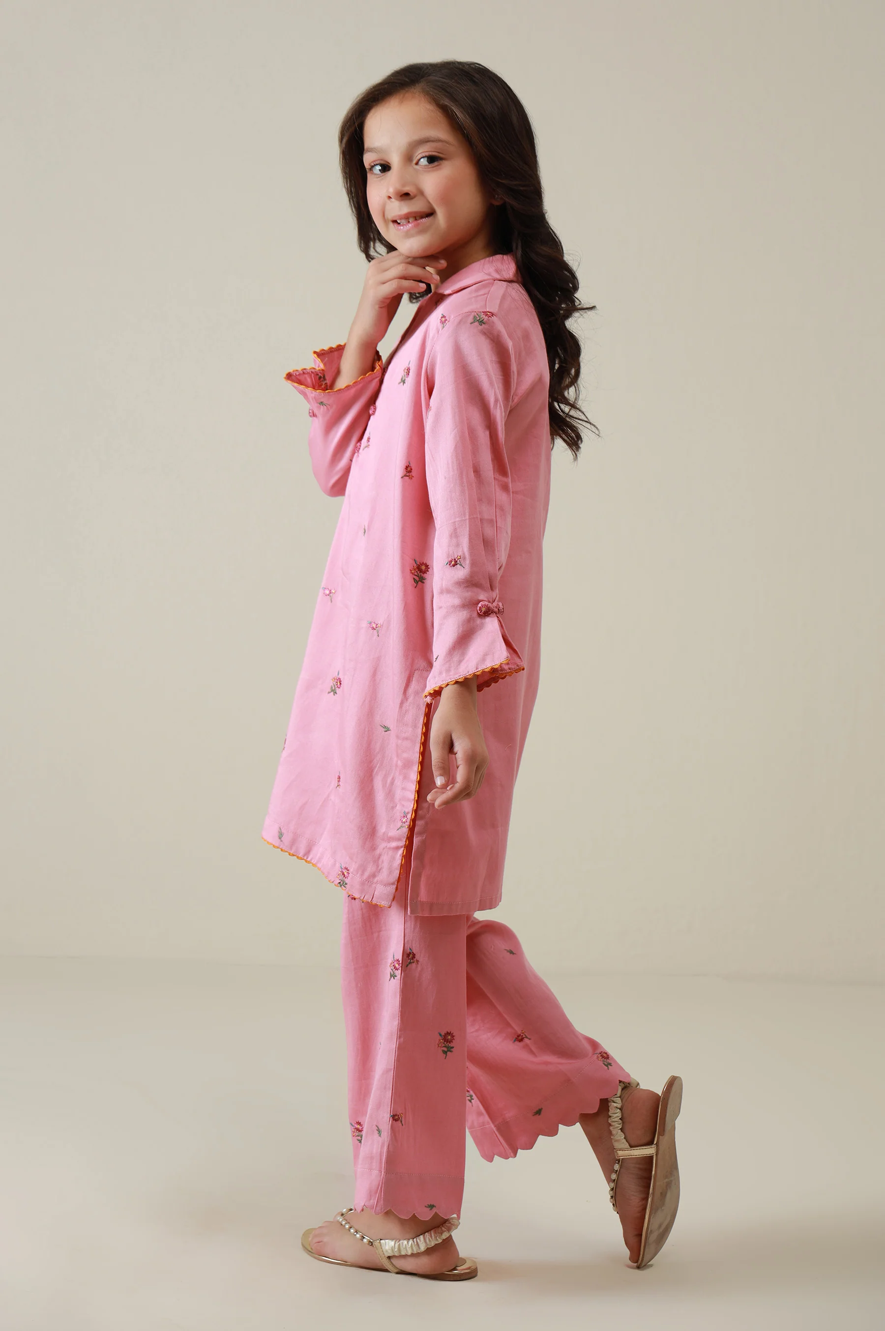 Stitched 2 Piece Embroidered Cotton Satin Suit - Image 7