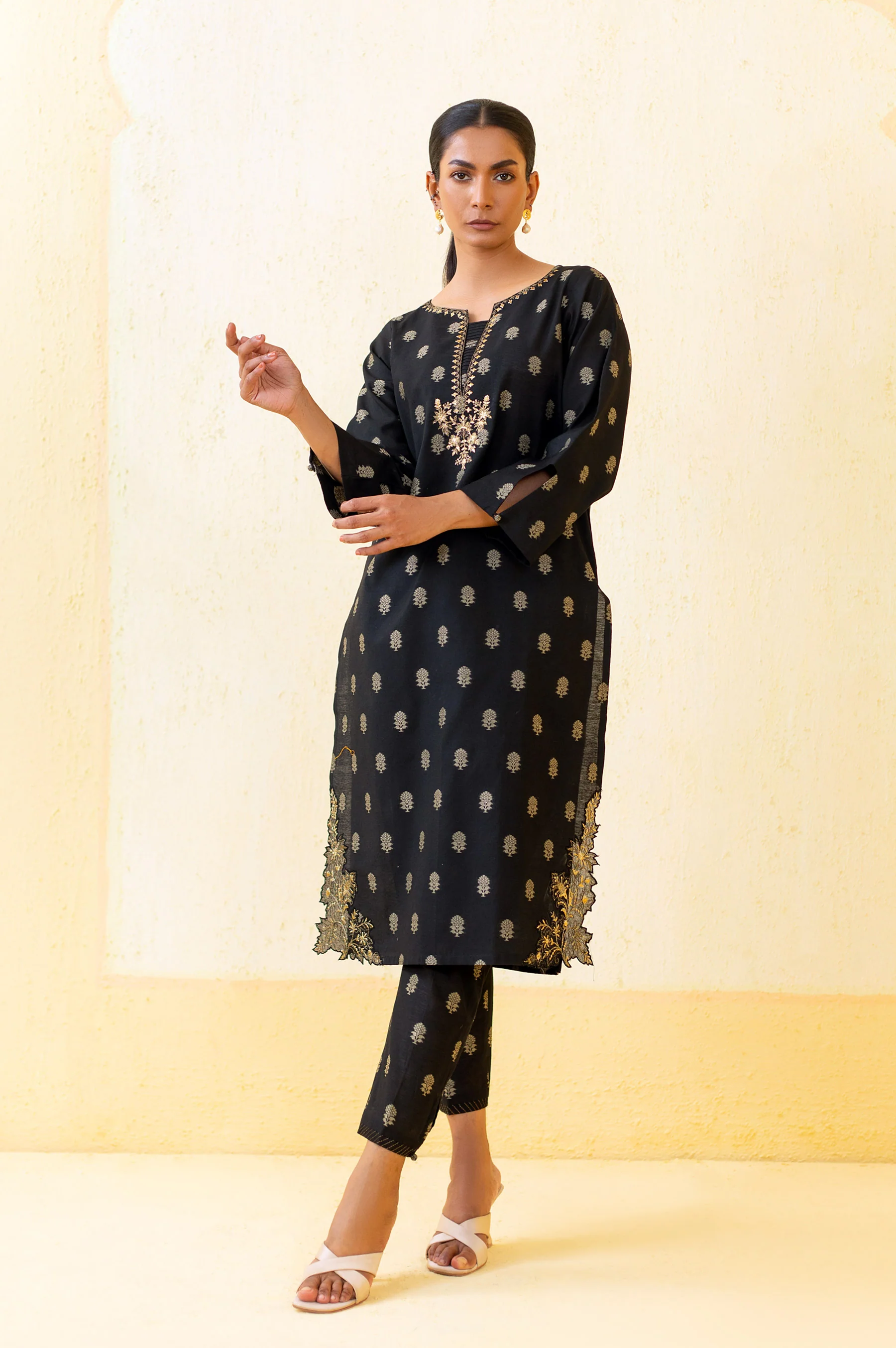 Stitched 2 Piece Embroidered Cotton Silk Outfit - Image 3