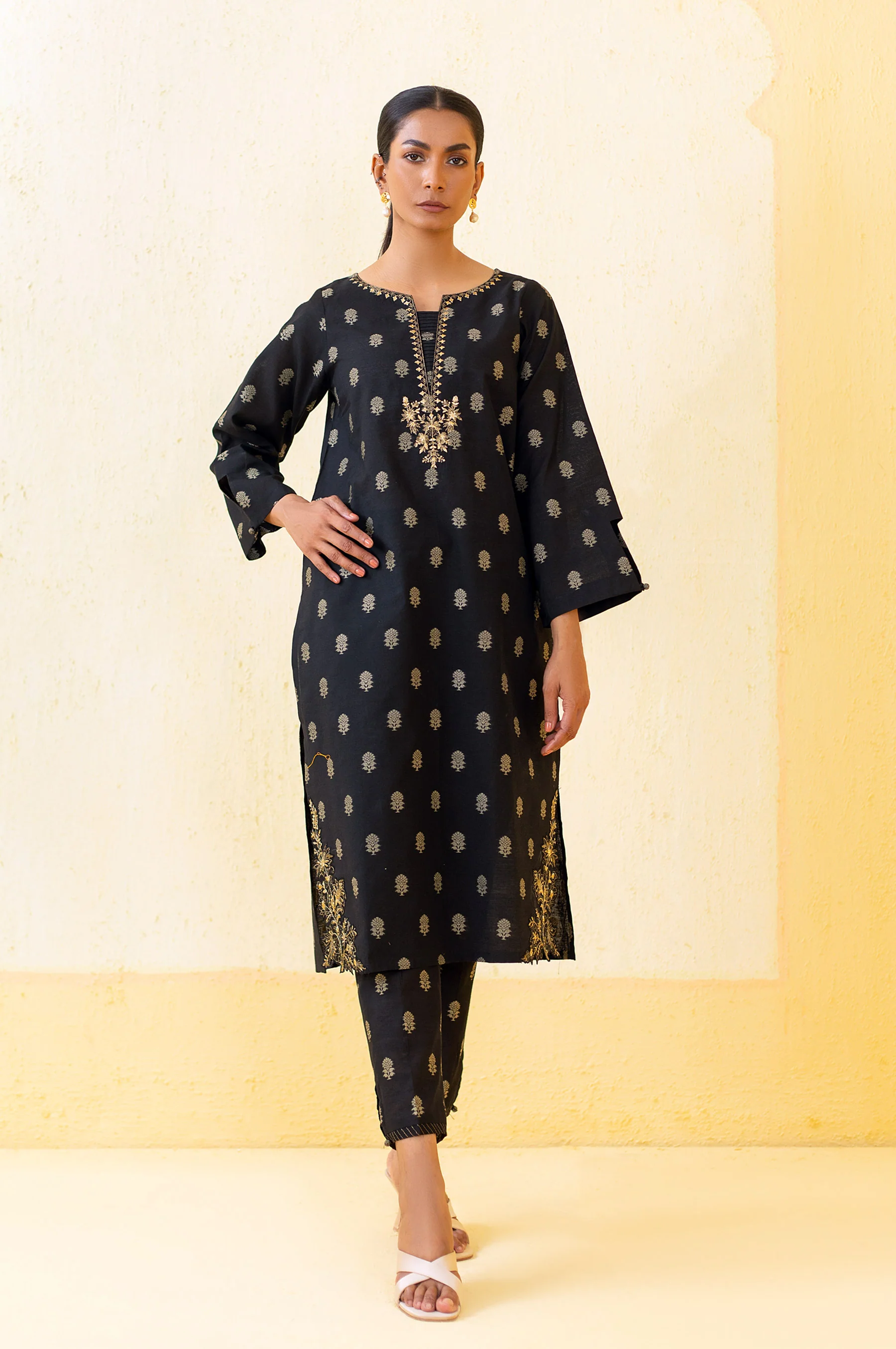 Stitched 2 Piece Embroidered Cotton Silk Outfit - Image 5