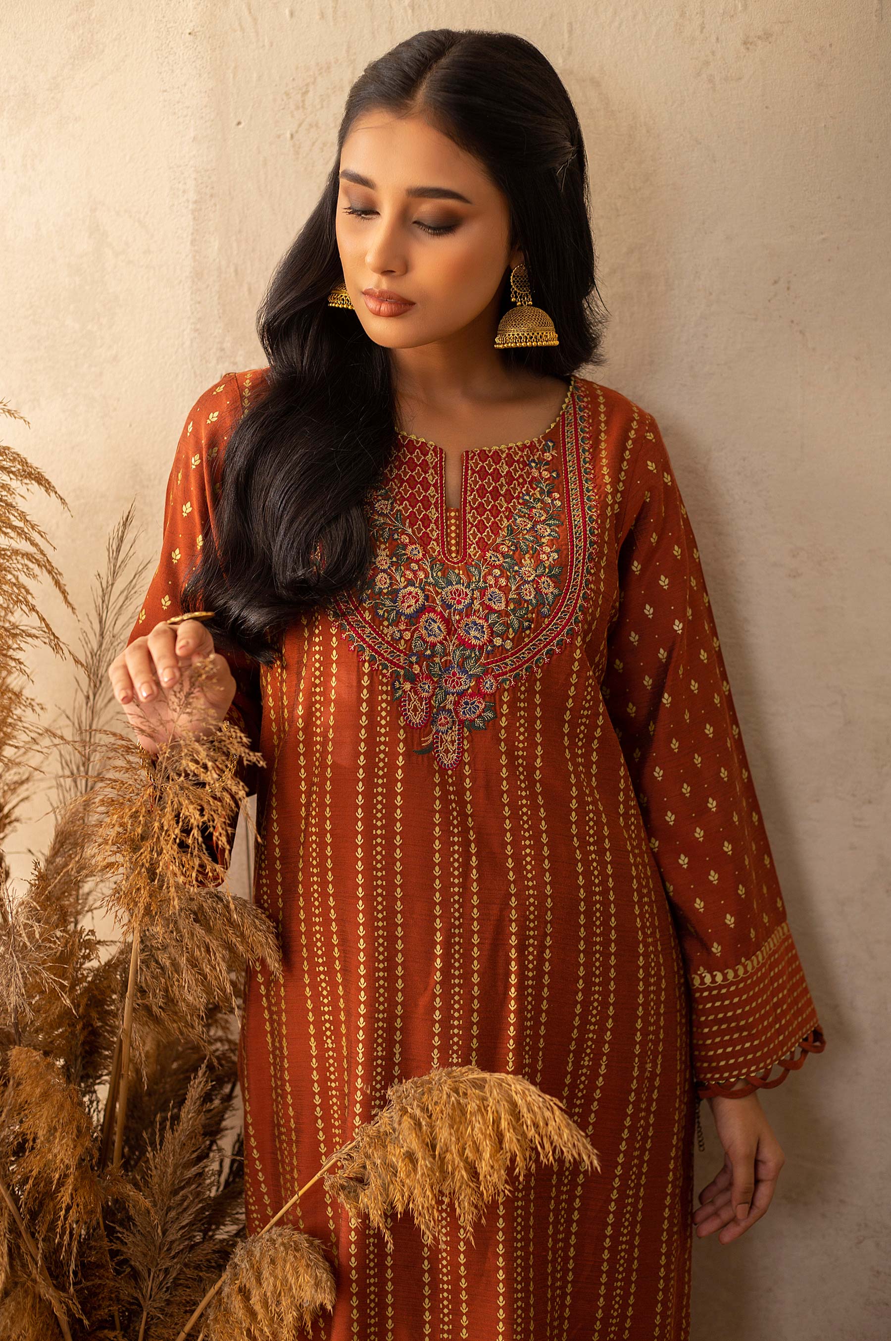 Stitched 2 Piece Cotton Silk Embroidered Suit - Image 4
