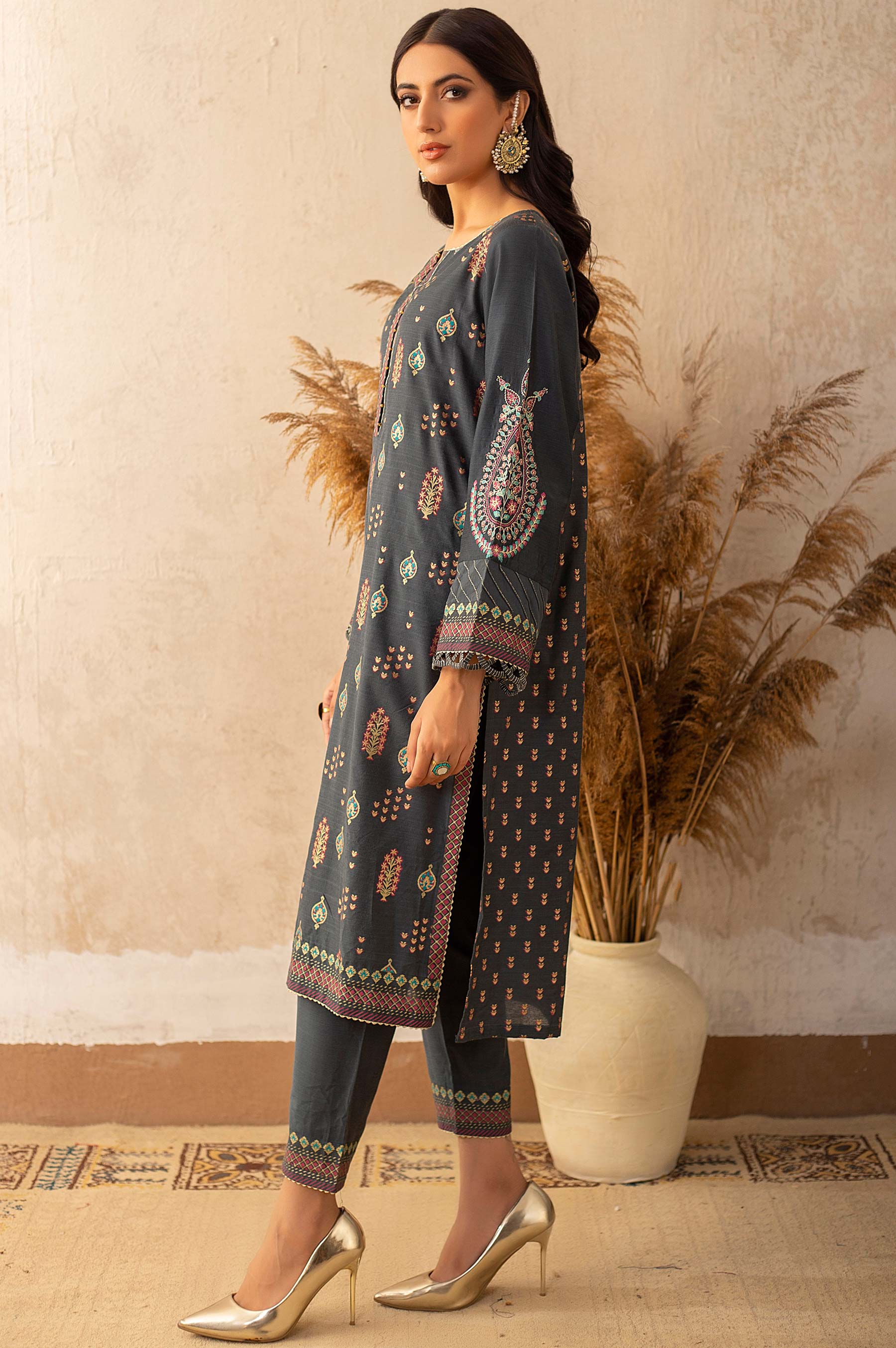 Stitched 2 Piece Cotton Silk Embroidered Suit - Image 3