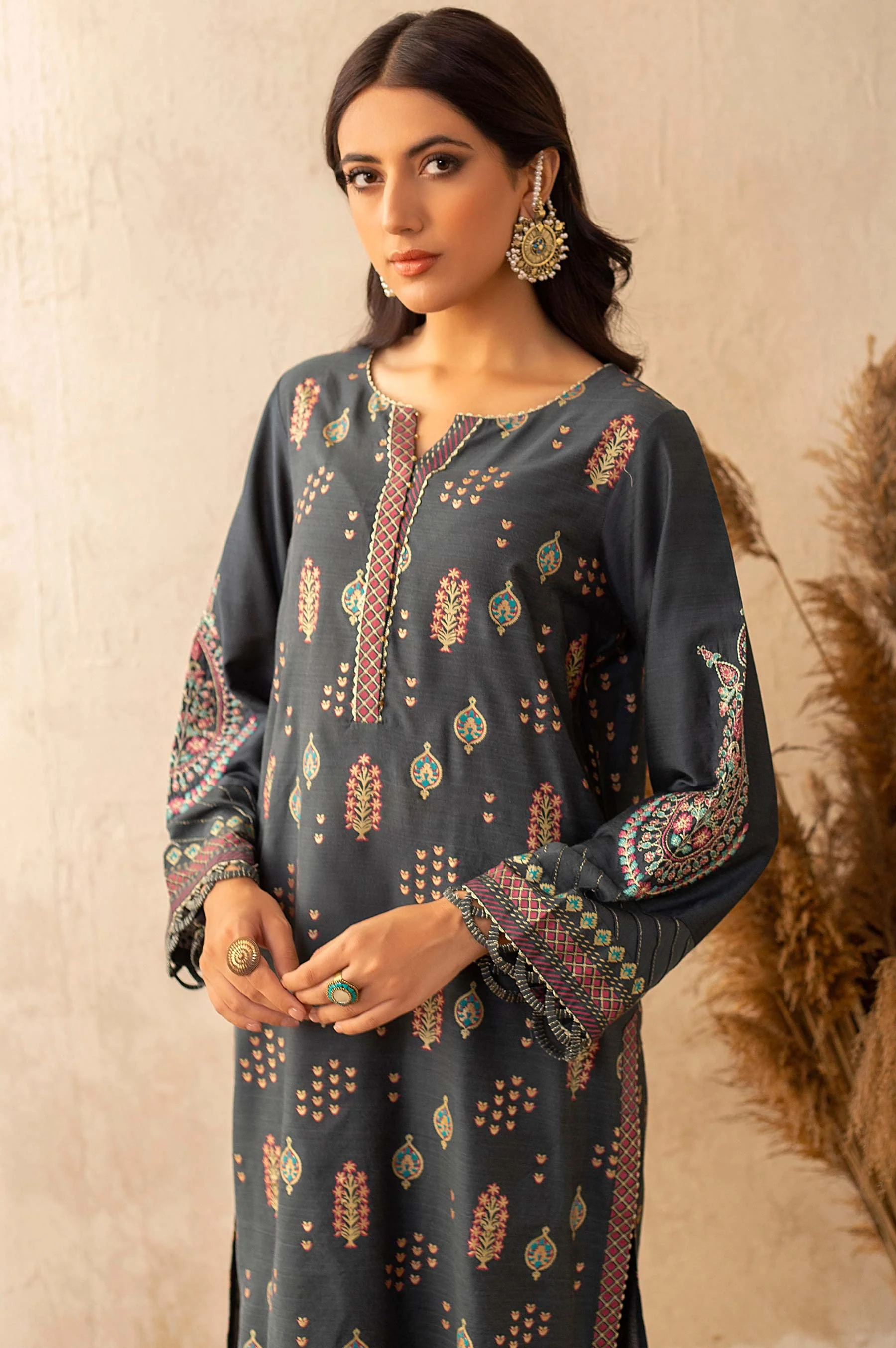 Stitched 2 Piece Cotton Silk Embroidered Suit - Image 4