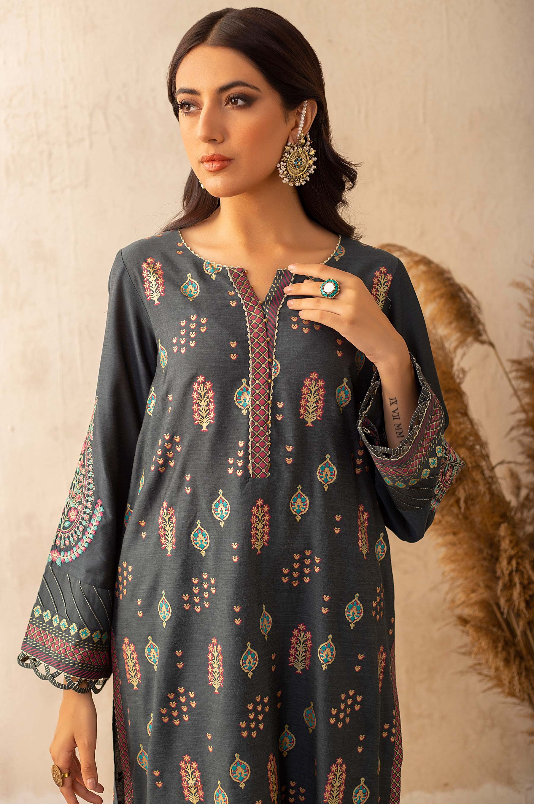 Stitched 2 Piece Cotton Silk Embroidered Suit - Image 5