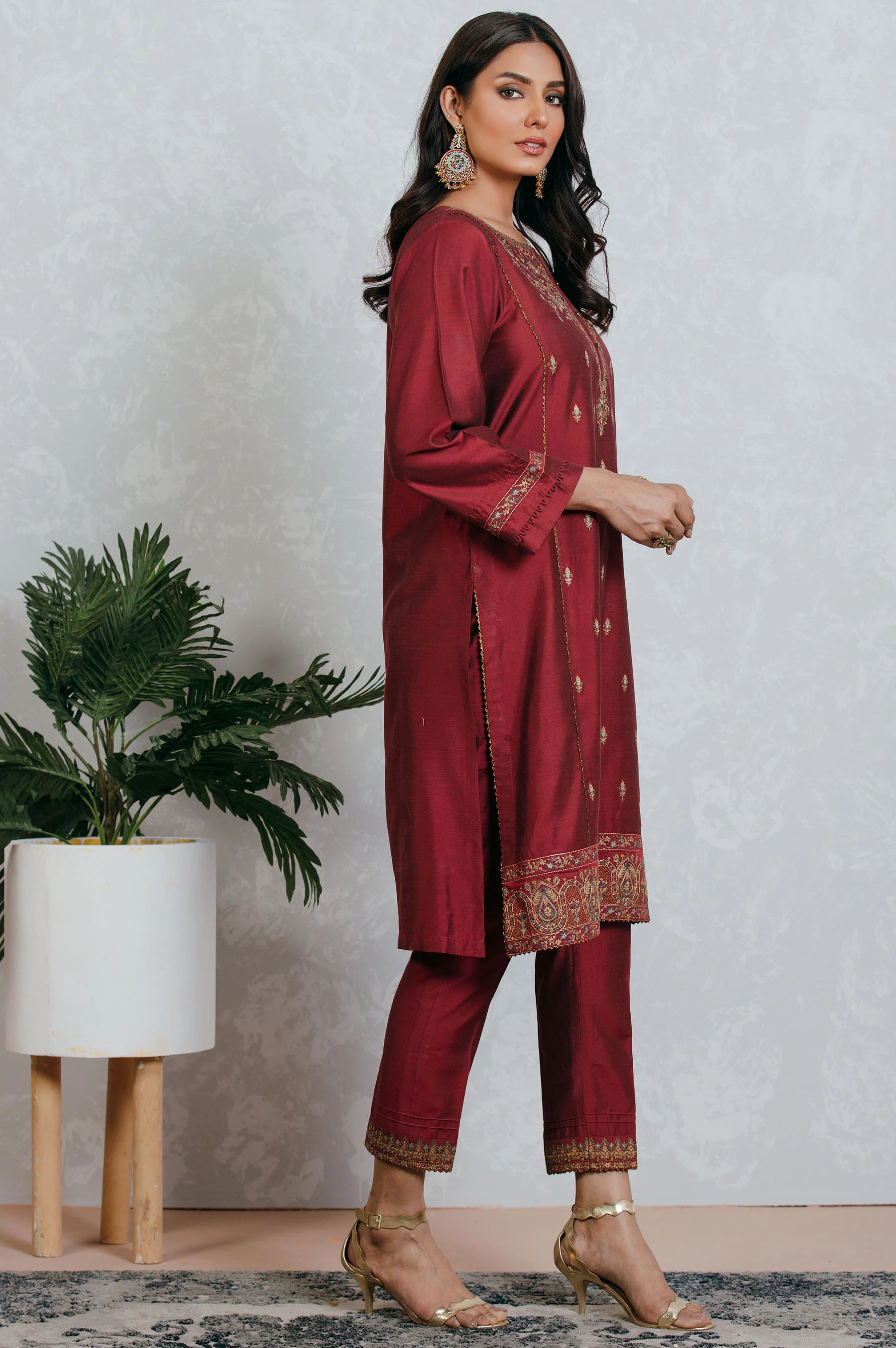 Stitched 2 Piece Cotton Silk Embroidered Suit - Image 2
