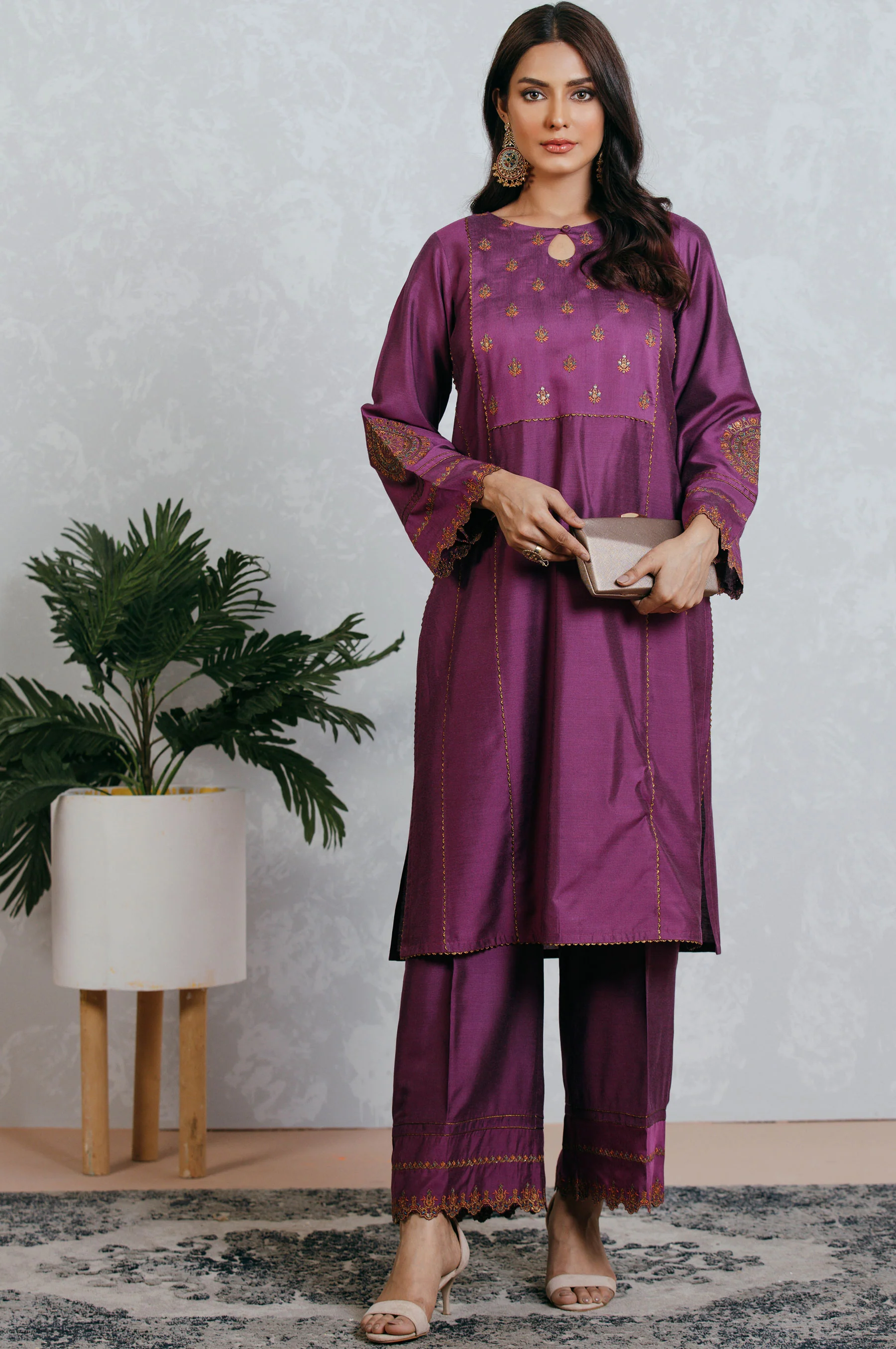 Stitched 2 Piece Cotton Silk Embroidered Suit - Image 3