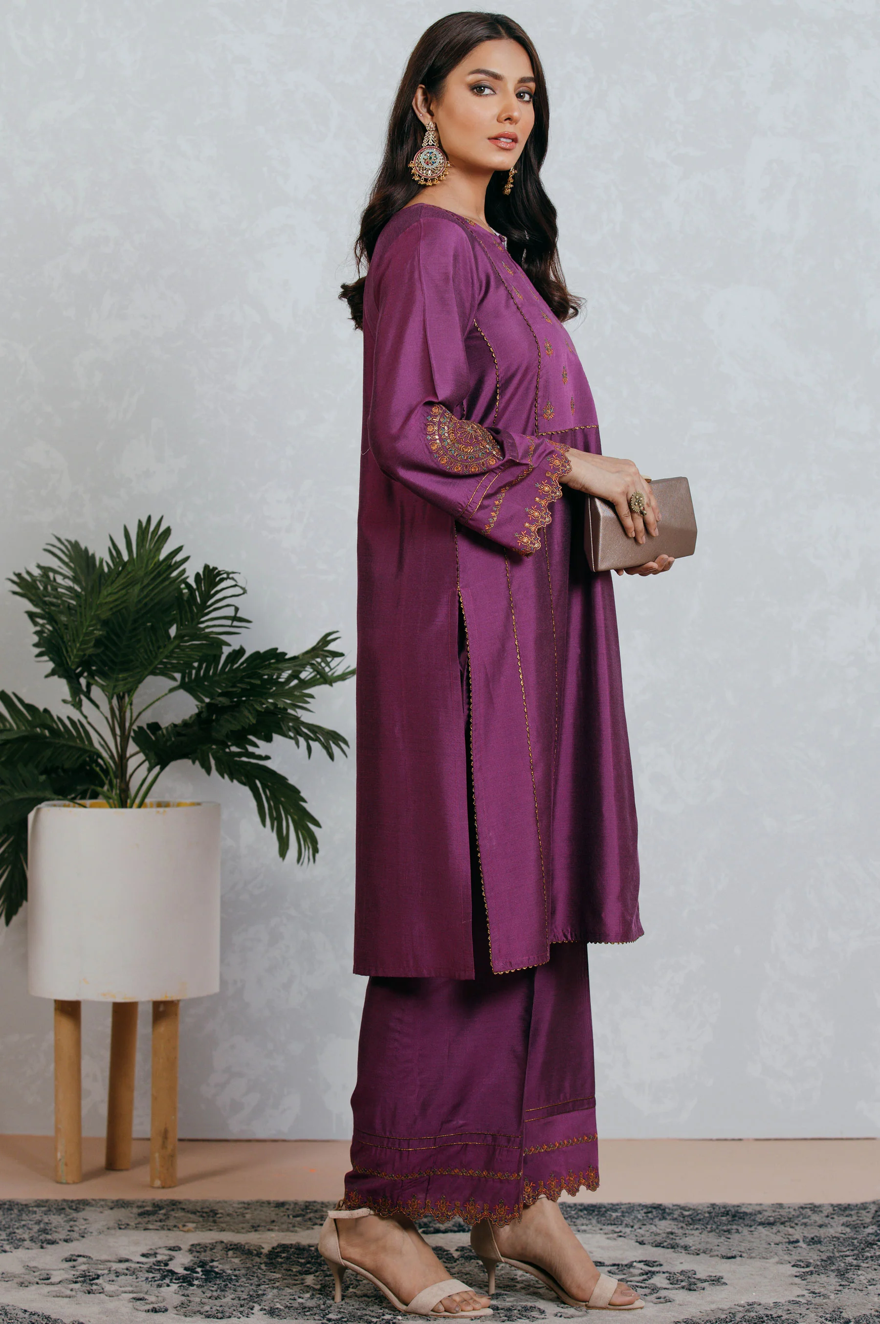 Stitched 2 Piece Cotton Silk Embroidered Suit - Image 4