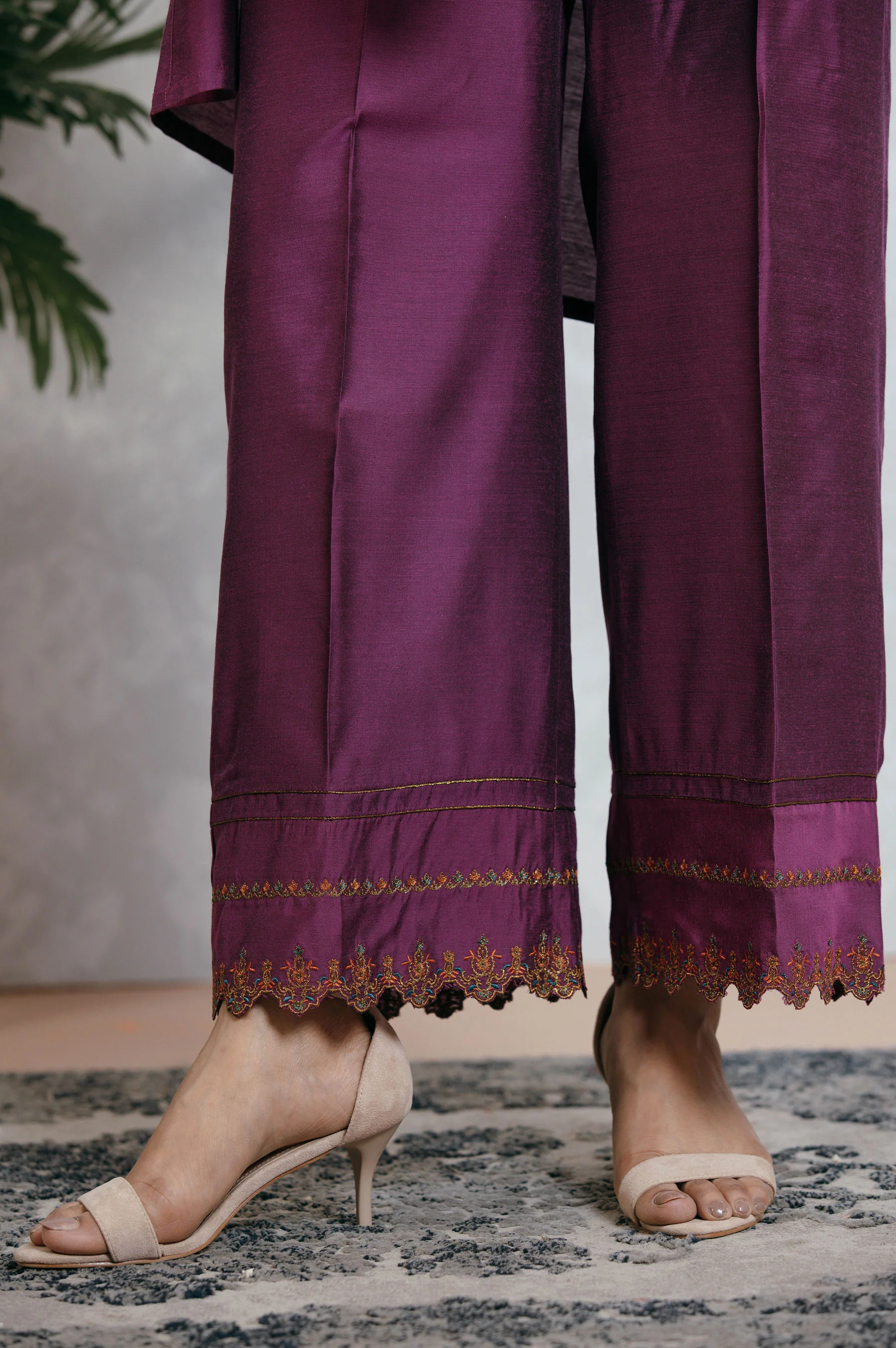 Stitched 2 Piece Cotton Silk Embroidered Suit - Image 5
