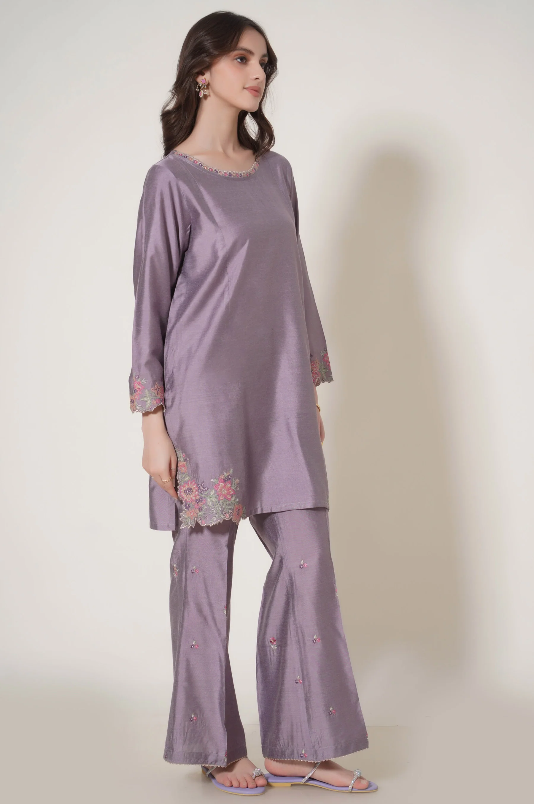 Stitched 2 Piece Embroidered Cotton Silk Suit - Image 3