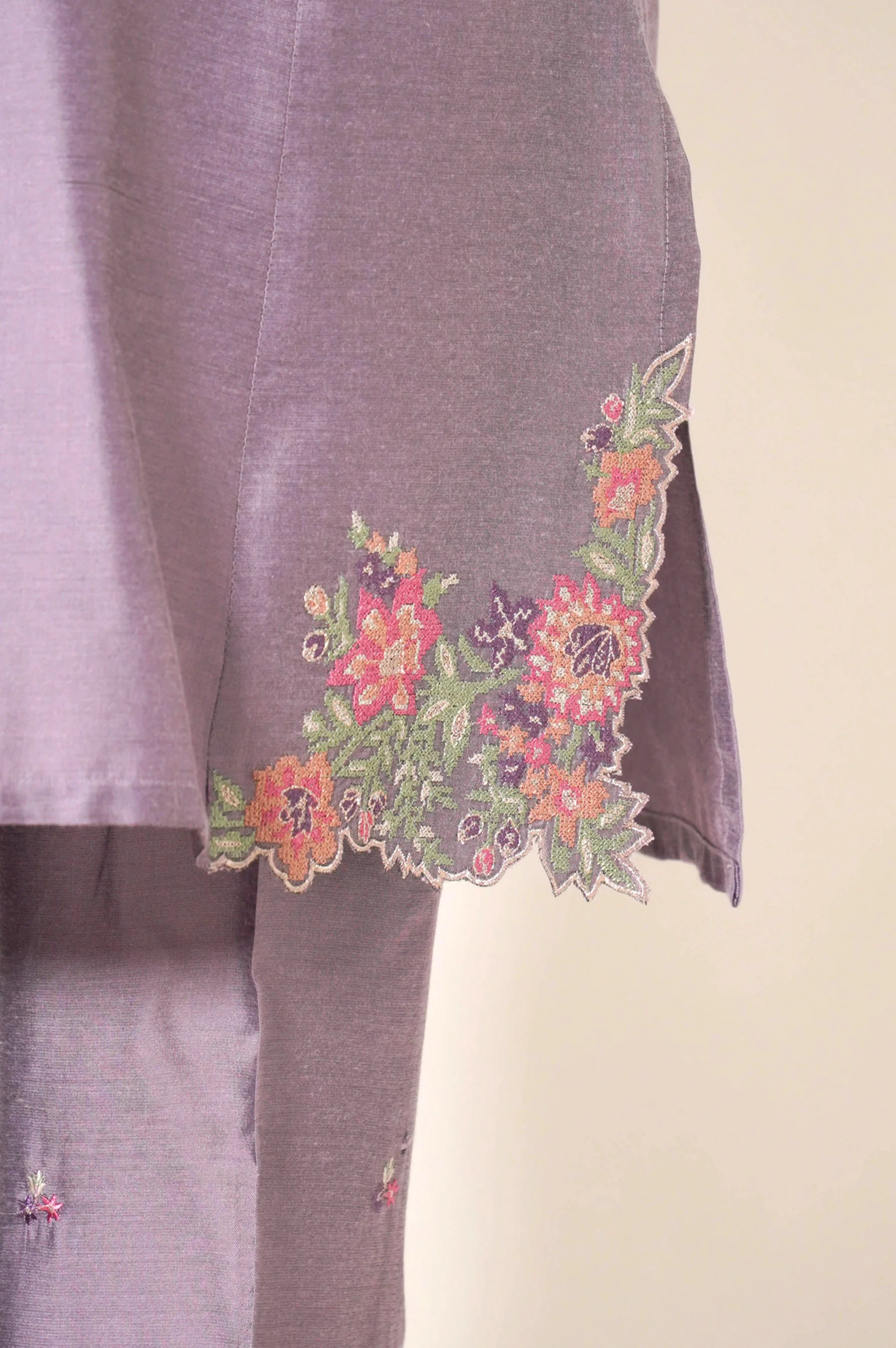 Stitched 2 Piece Embroidered Cotton Silk Suit - Image 4