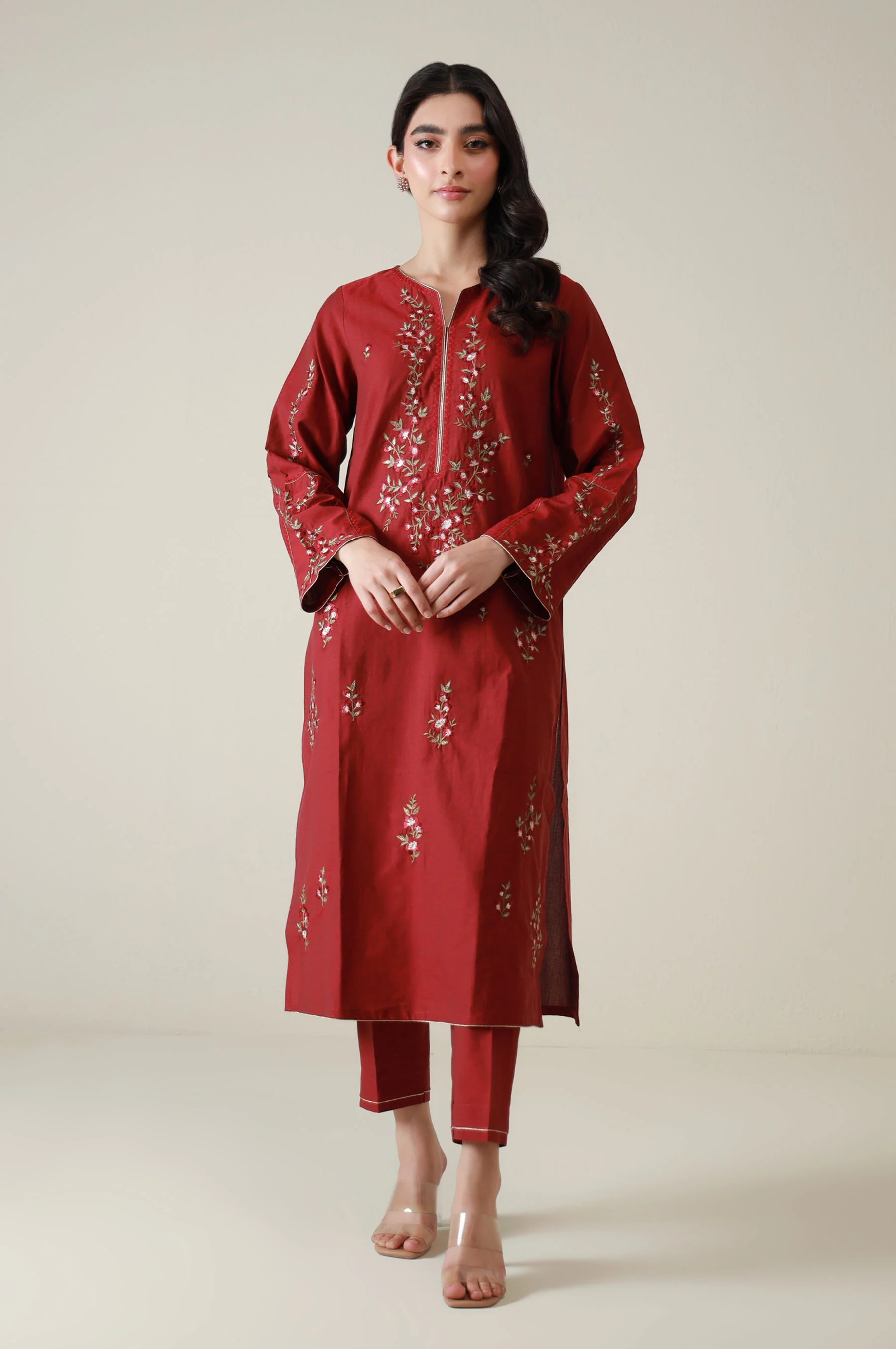 Stitched 2 Piece Embroidered Cotton Silk Suit