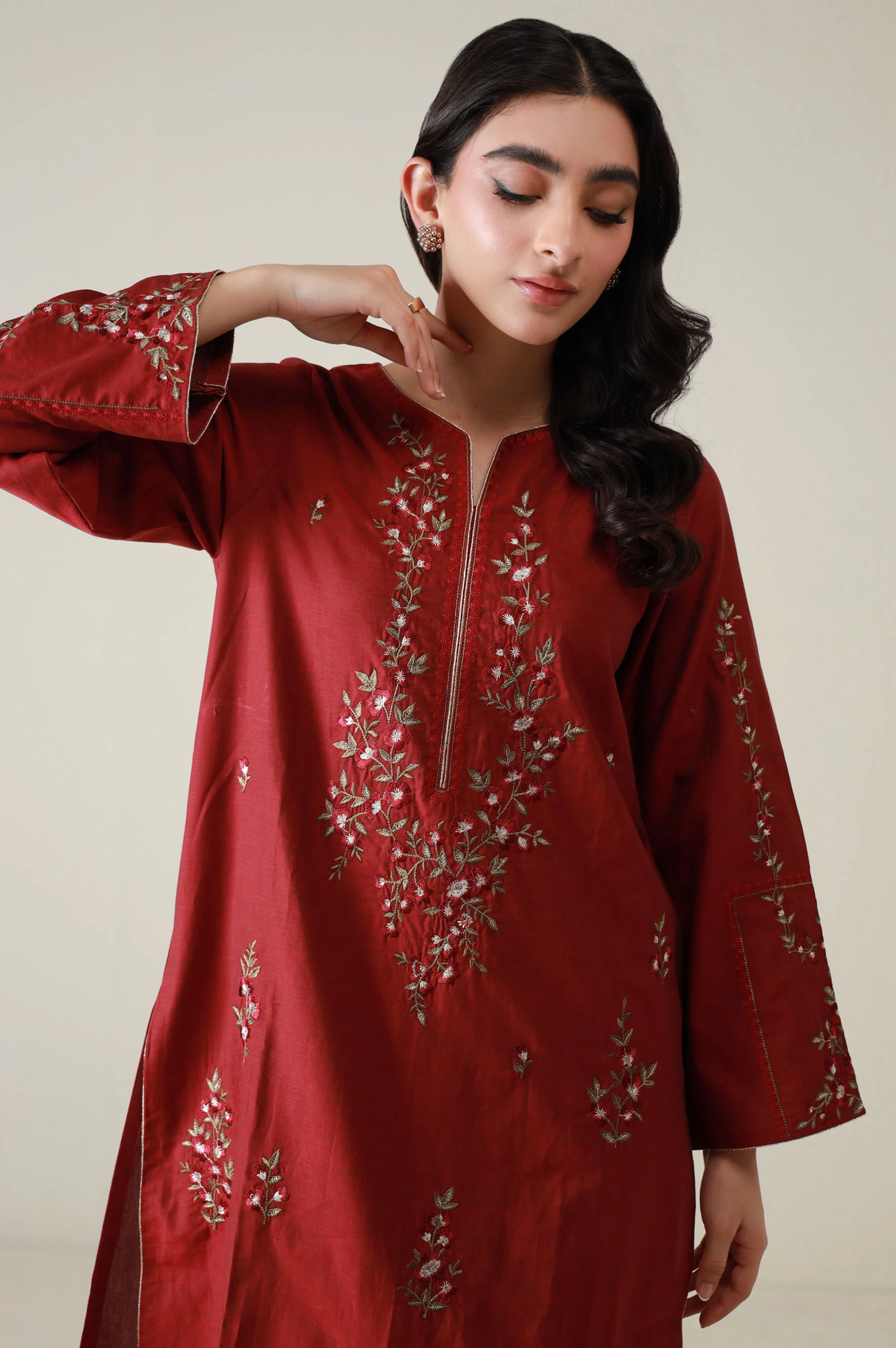 Stitched 2 Piece Embroidered Cotton Silk Suit - Image 2
