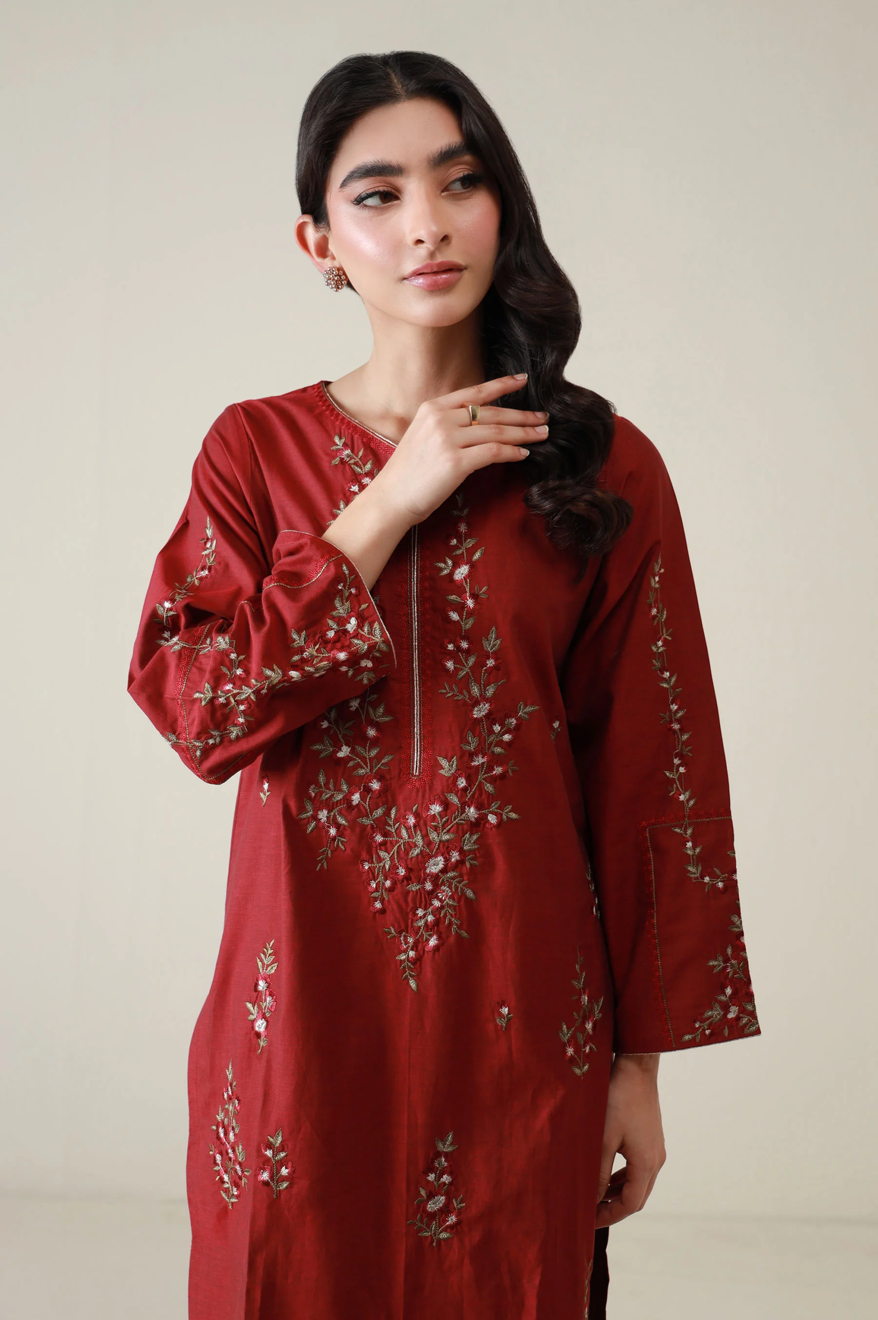 Stitched 2 Piece Embroidered Cotton Silk Suit - Image 3