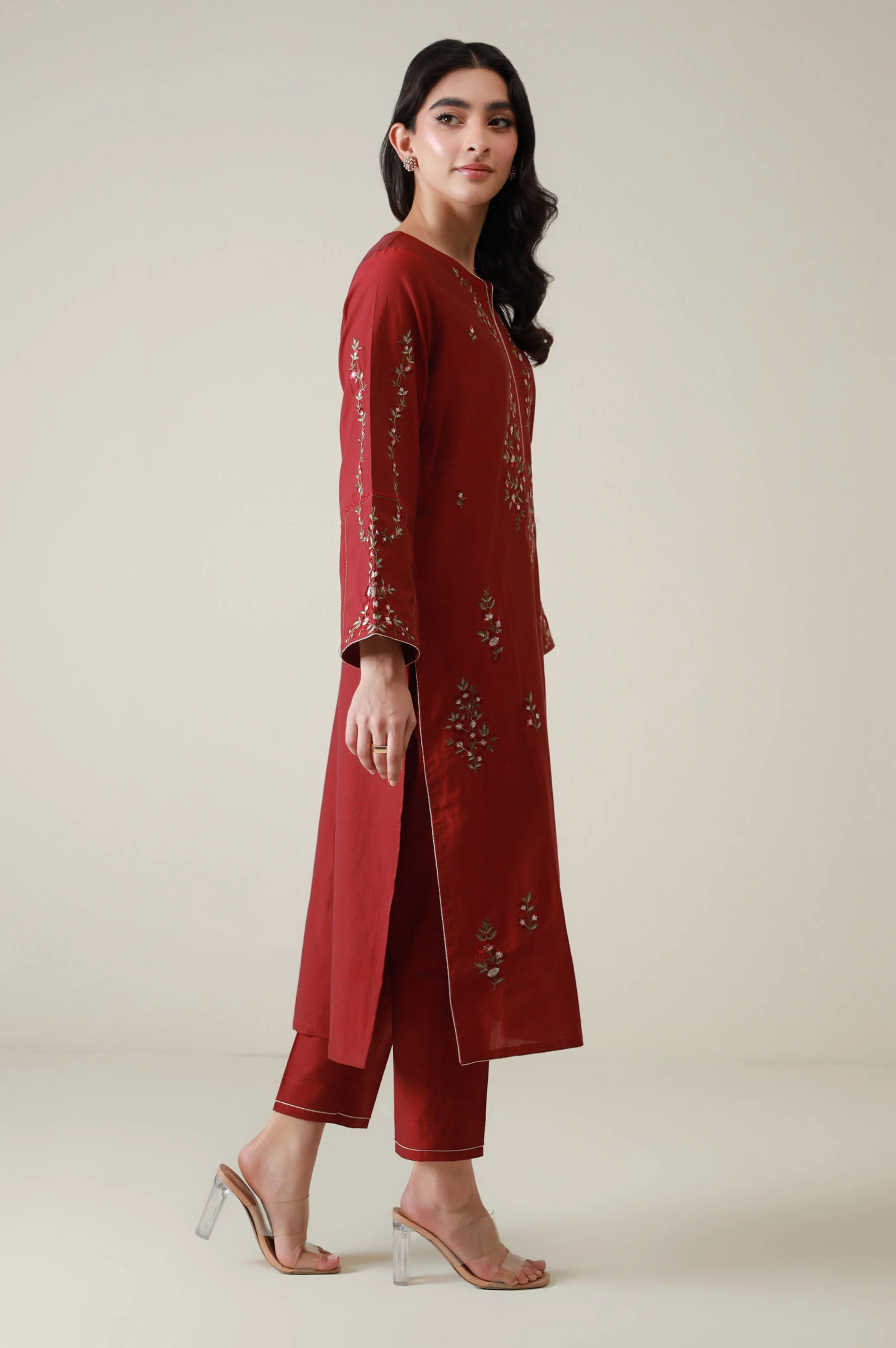 Stitched 2 Piece Embroidered Cotton Silk Suit - Image 4