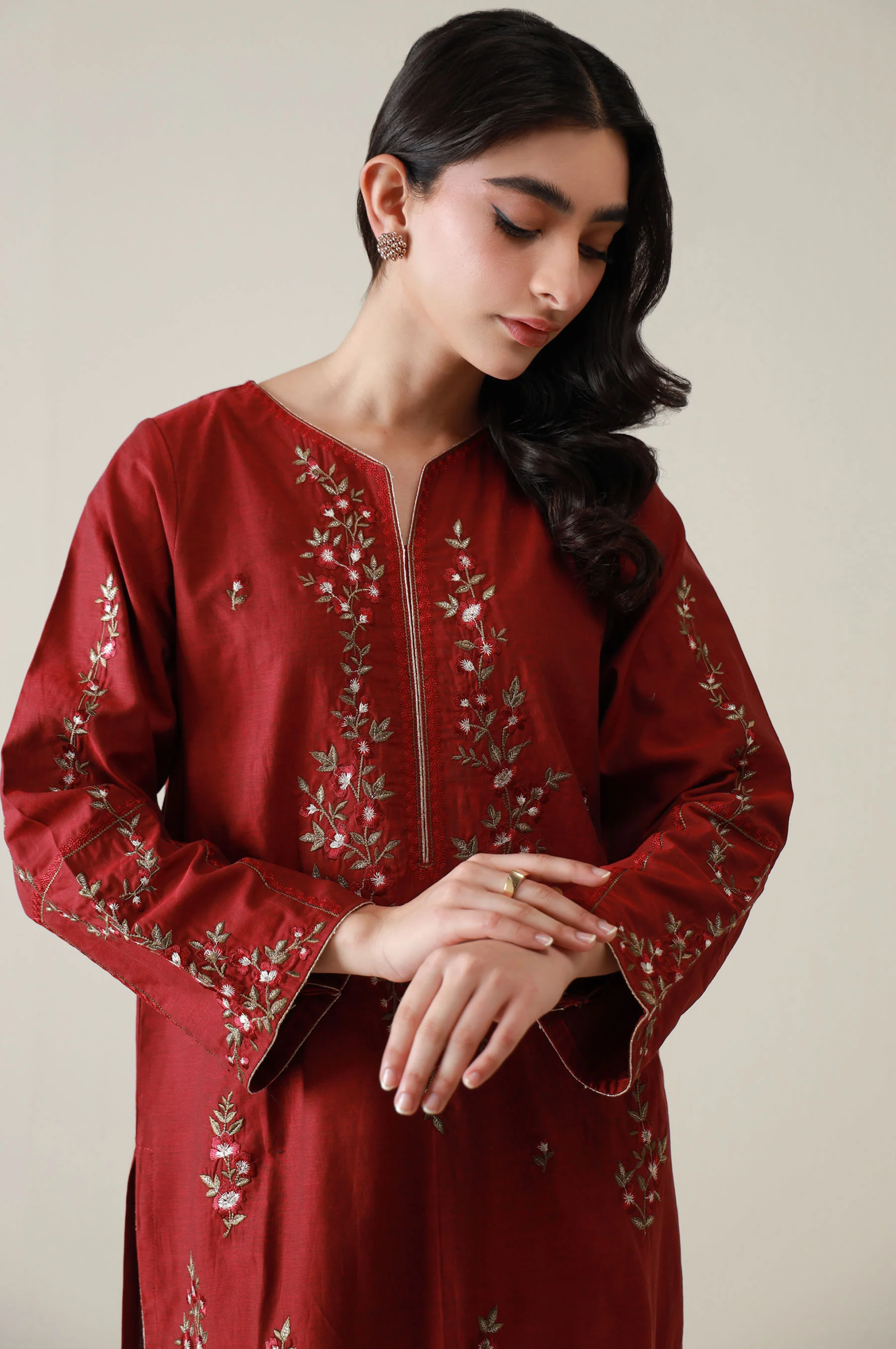 Stitched 2 Piece Embroidered Cotton Silk Suit - Image 5