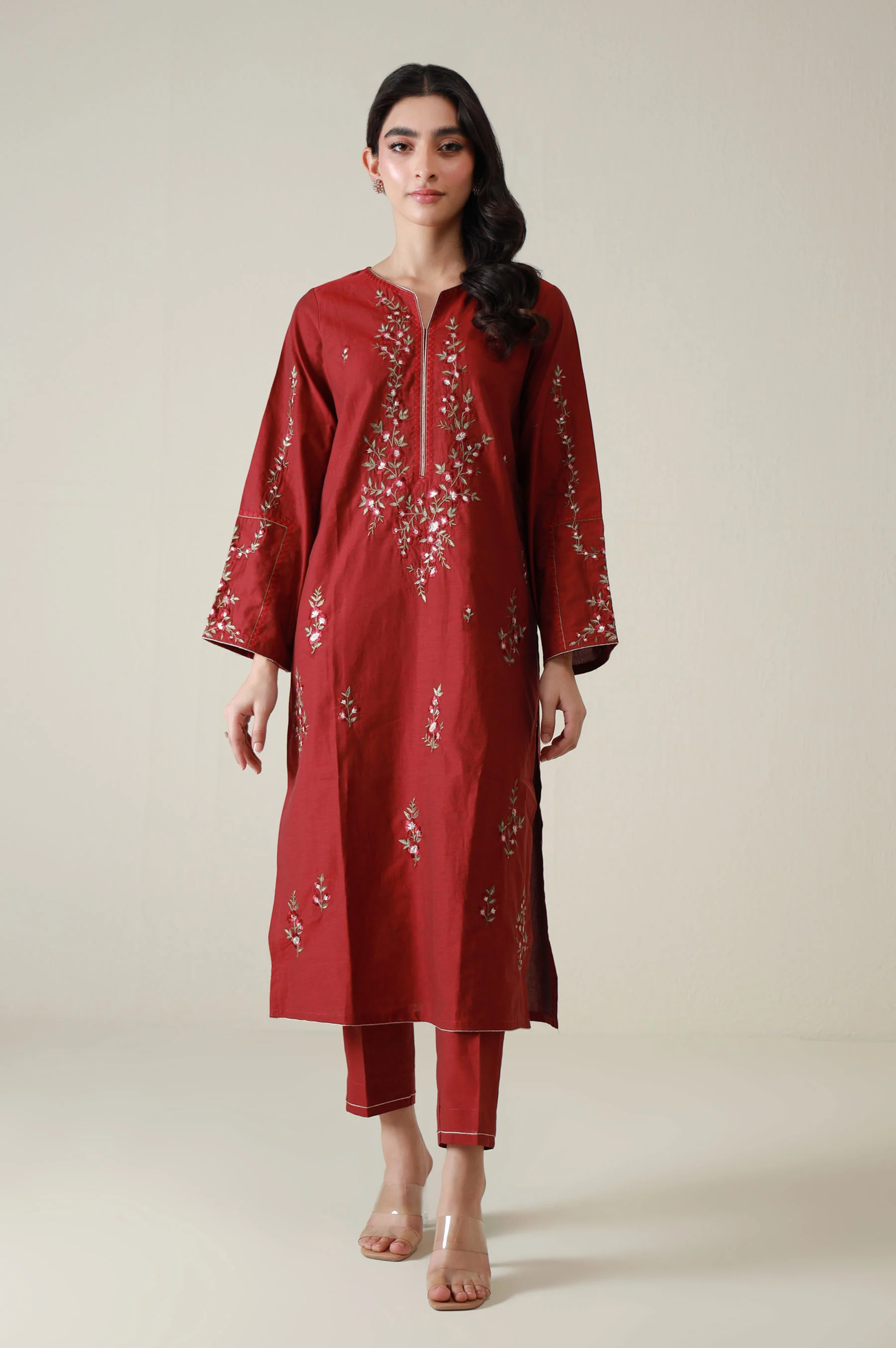 Stitched 2 Piece Embroidered Cotton Silk Suit - Image 6