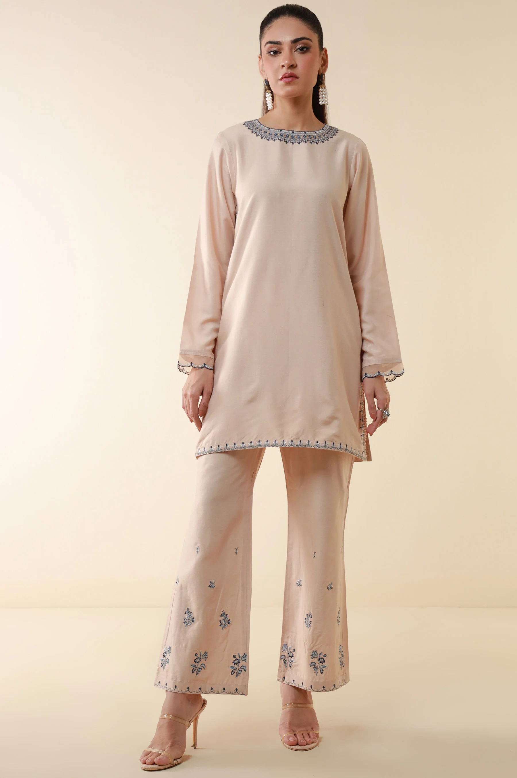 Stitched 2 Piece Embroidered Cotton Silk Suit