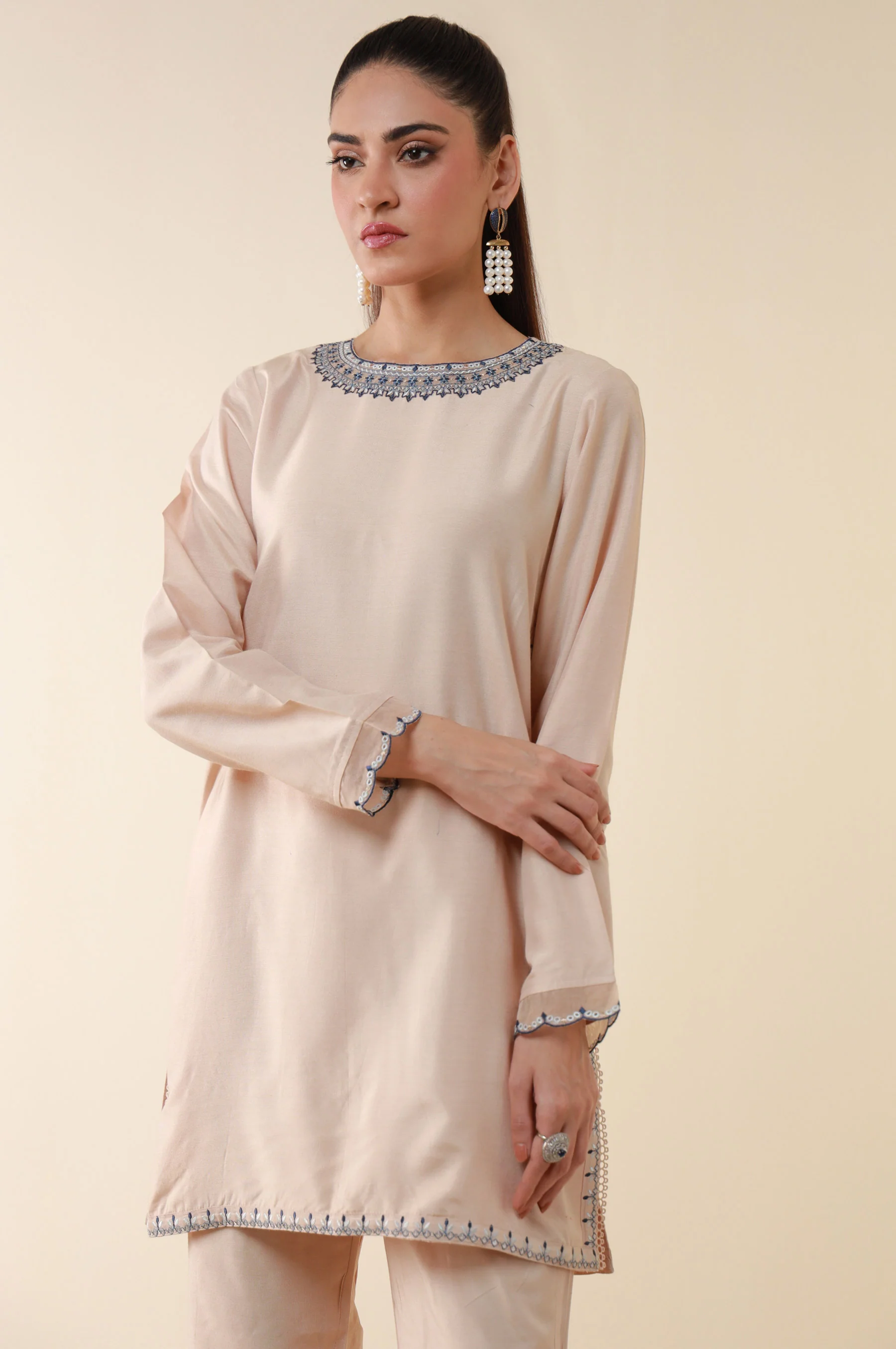 Stitched 2 Piece Embroidered Cotton Silk Suit - Image 3