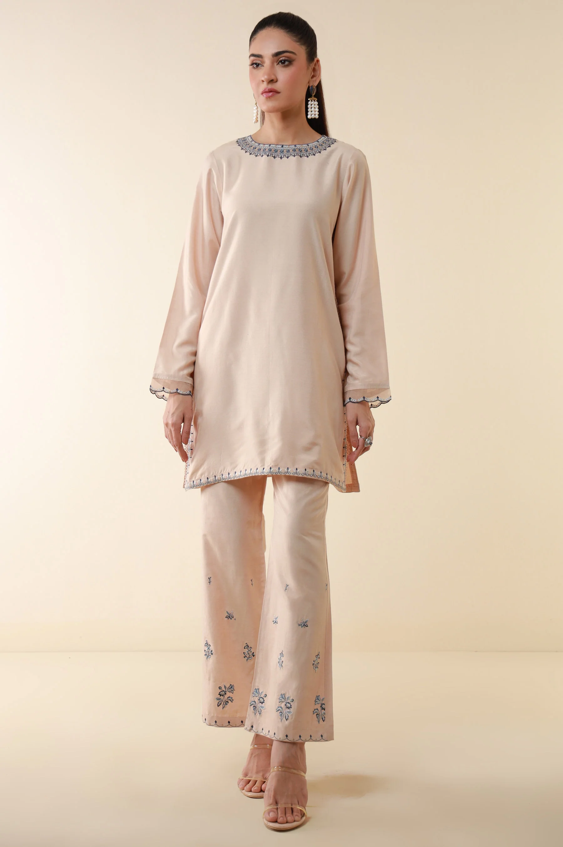 Stitched 2 Piece Embroidered Cotton Silk Suit - Image 5