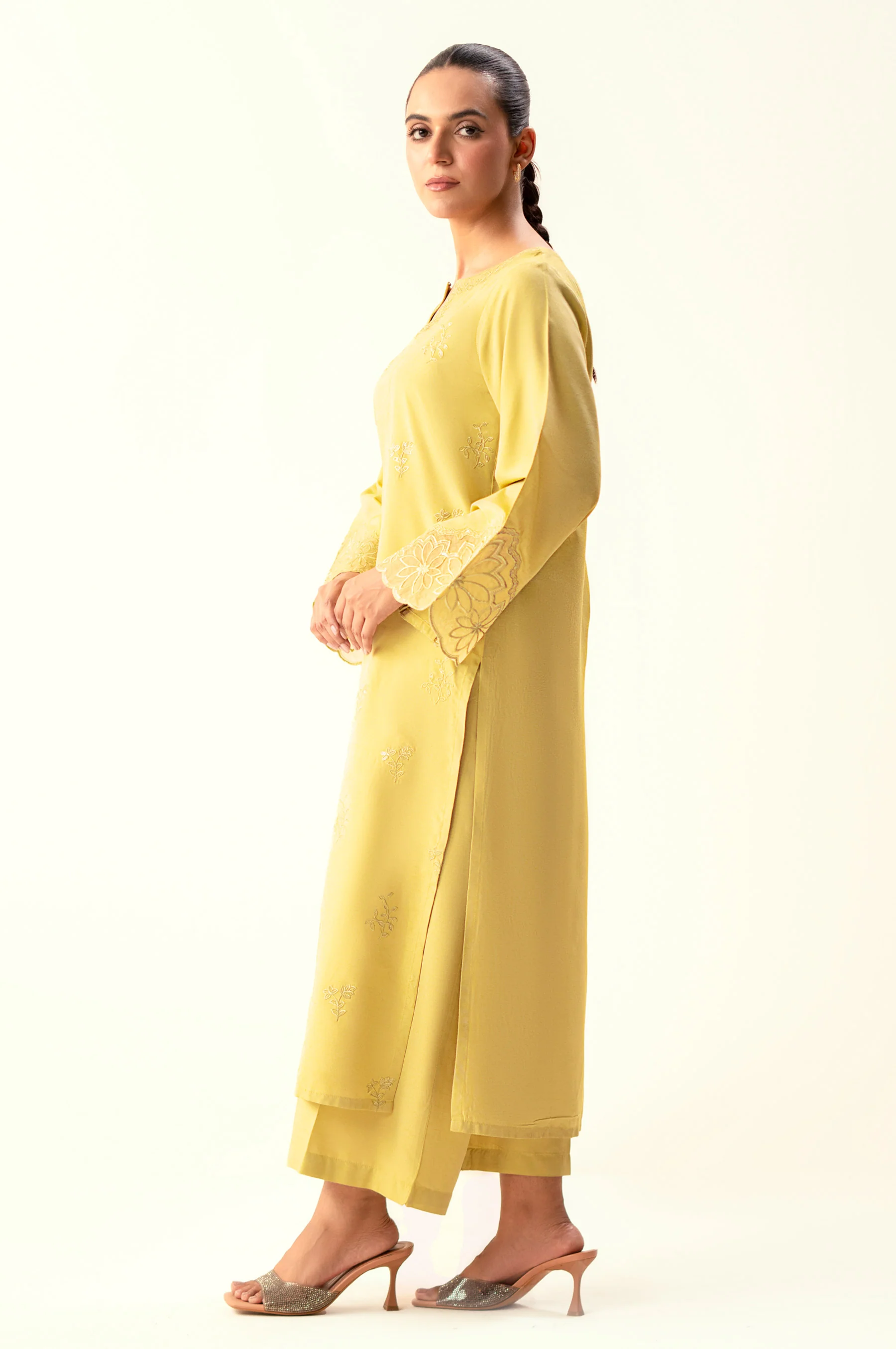 Stitched 2 Piece Embroidered Cotton Silk Suit - Image 4