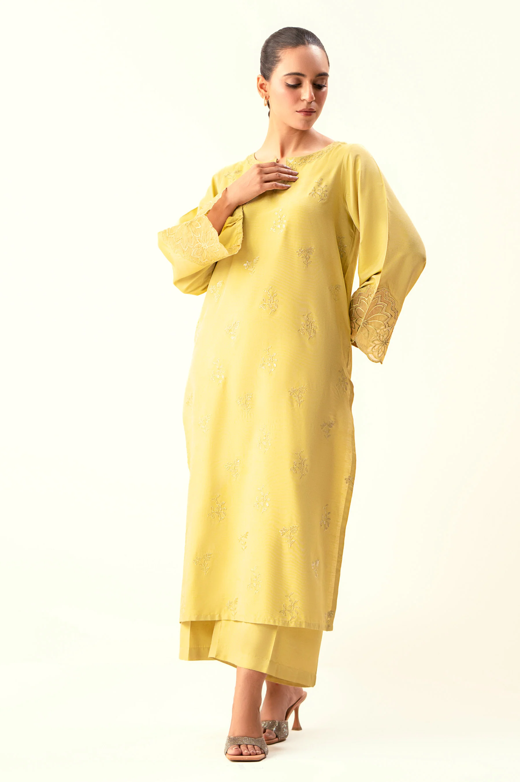 Stitched 2 Piece Embroidered Cotton Silk Suit - Image 5