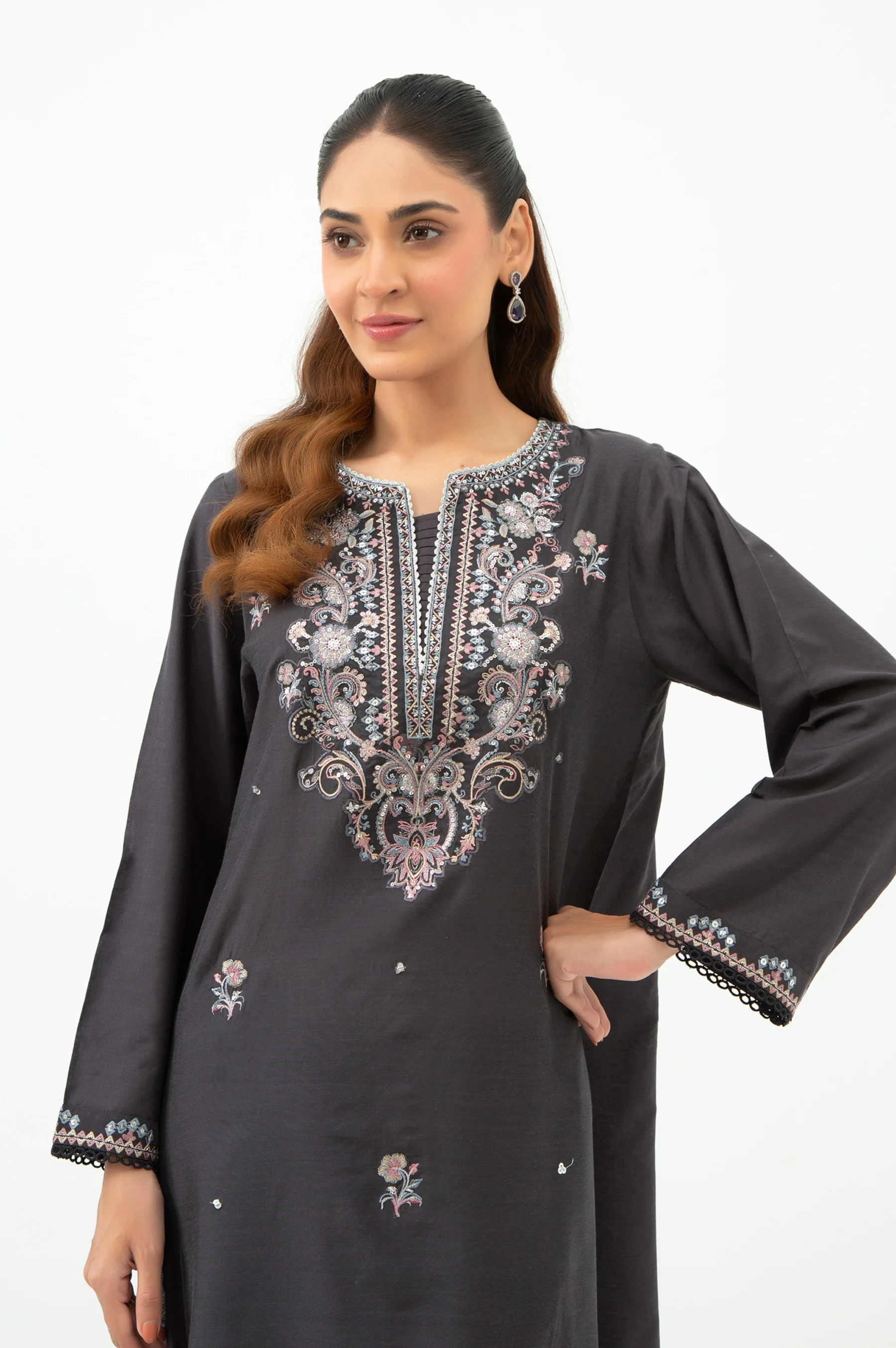 STITCHED EMBROIDERED COTTON SILK SHIRT BOTTOM - Image 3