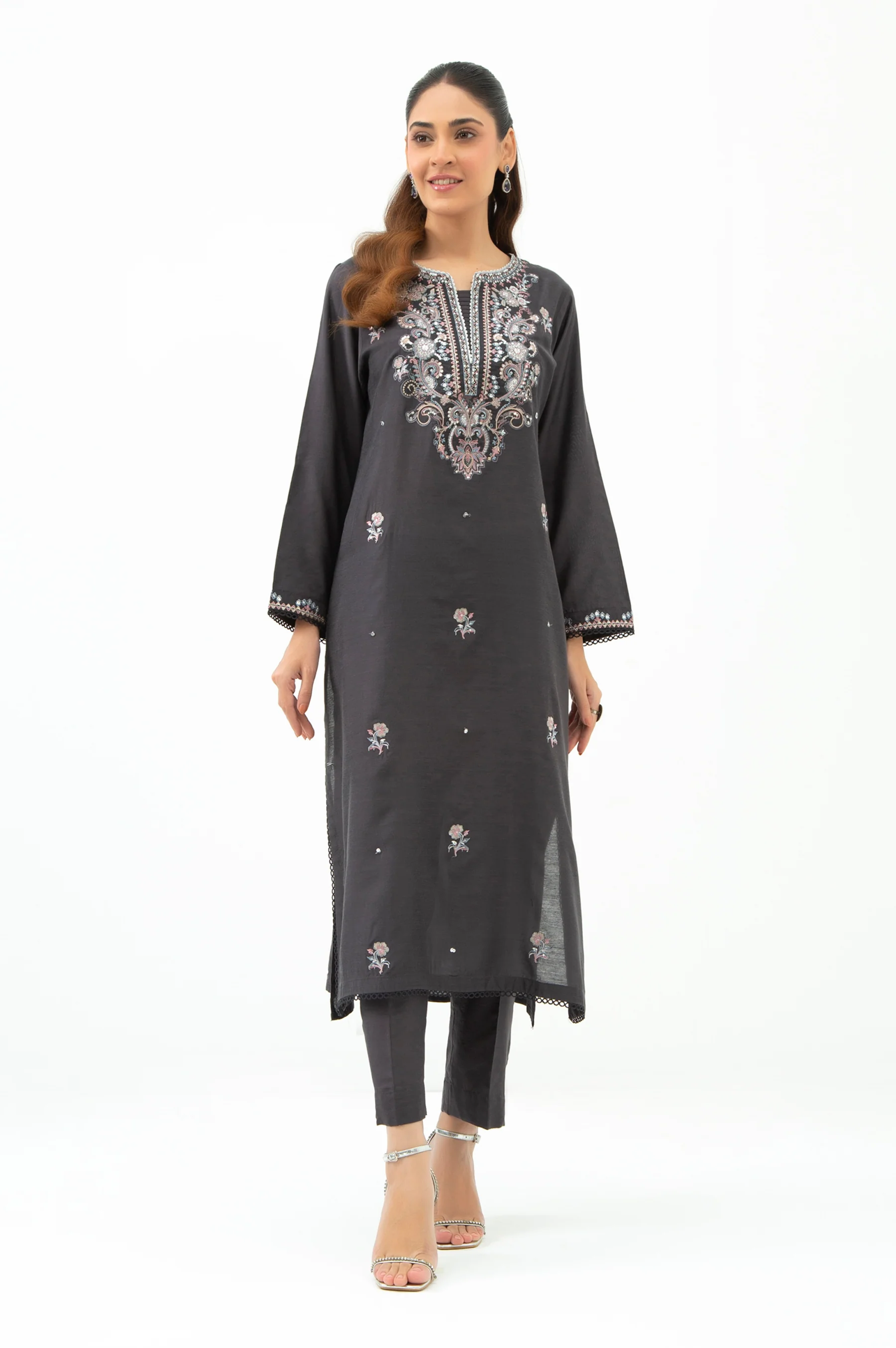 STITCHED EMBROIDERED COTTON SILK SHIRT BOTTOM - Image 4
