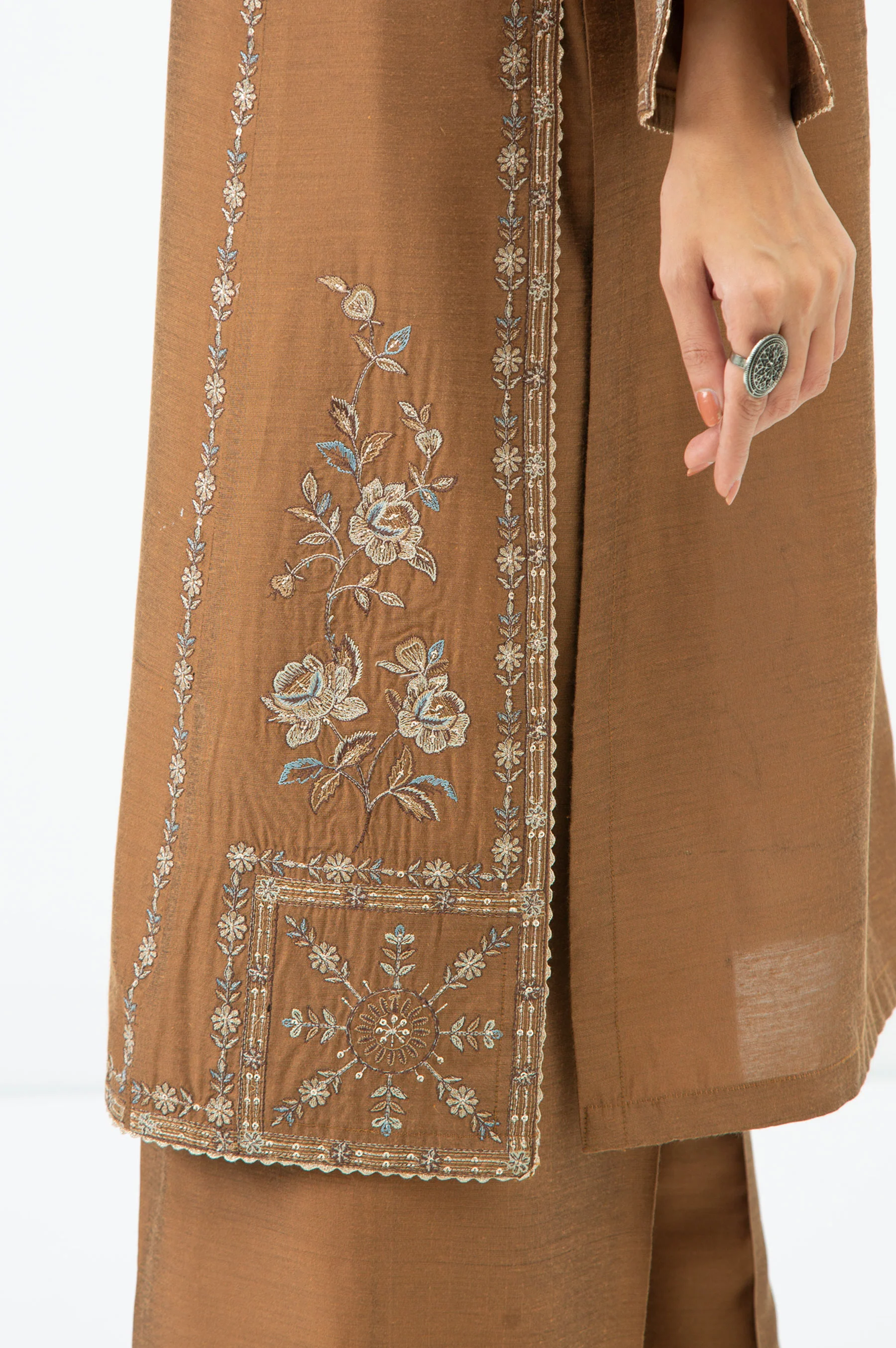 STITCHED EMBROIDERED COTTON SILK SHIRT BOTTOM - Image 6
