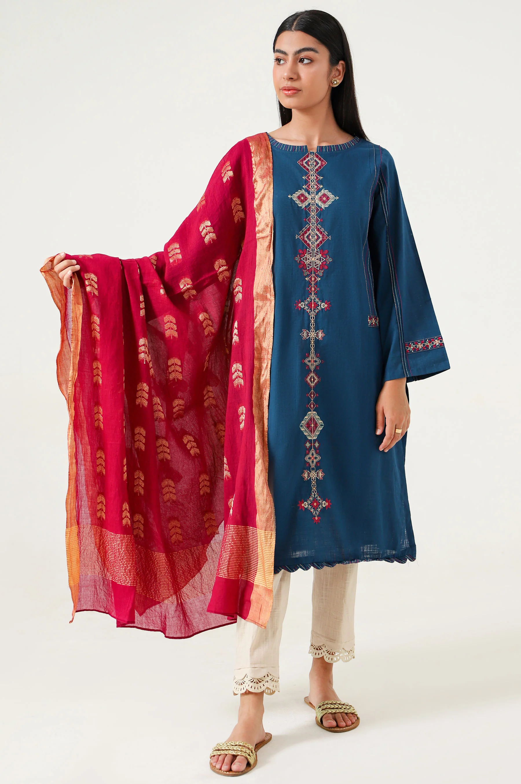 Stitched 2 Piece Embroidered Cotton Slub Suit - Image 6