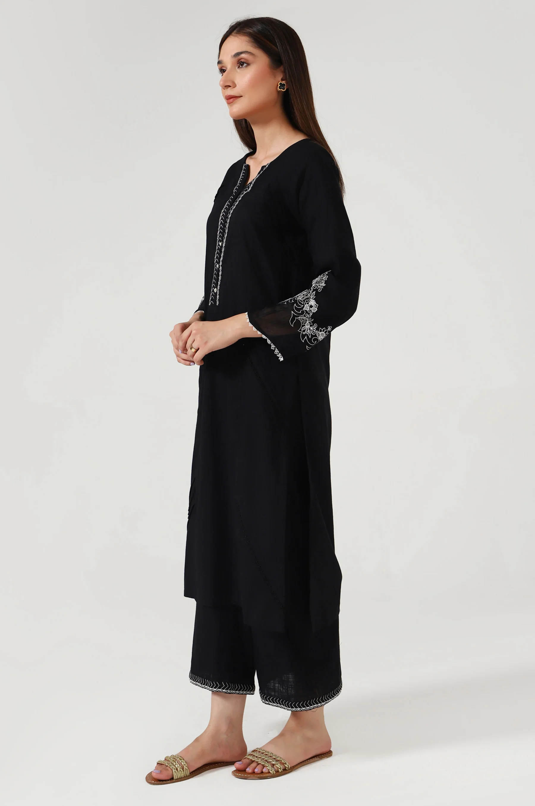 Stitched 2 Piece Embroidered Cotton Slub Suit - Image 4