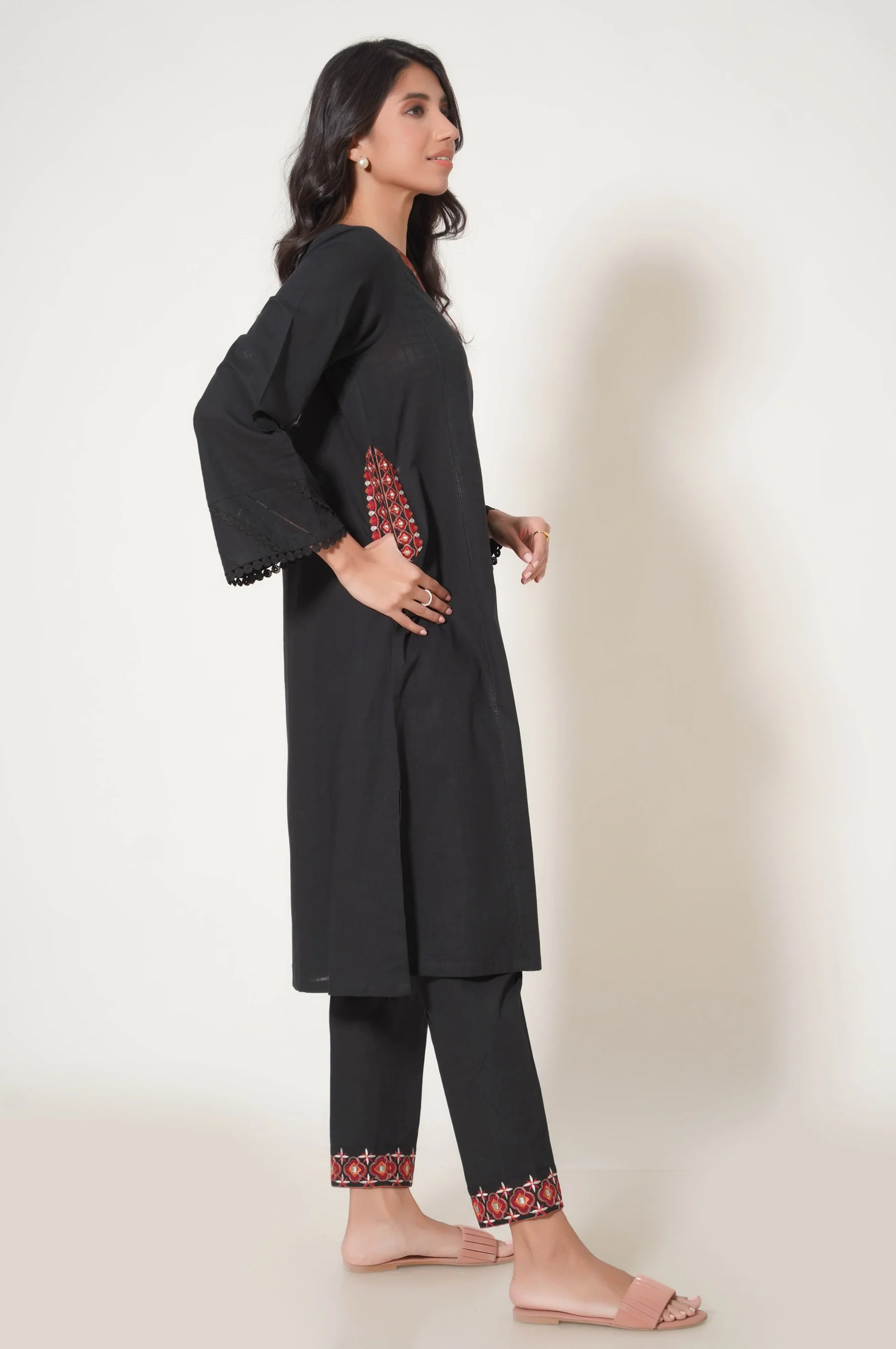 Stitched 2 Piece Embroidered Cotton Slub Suit - Image 3
