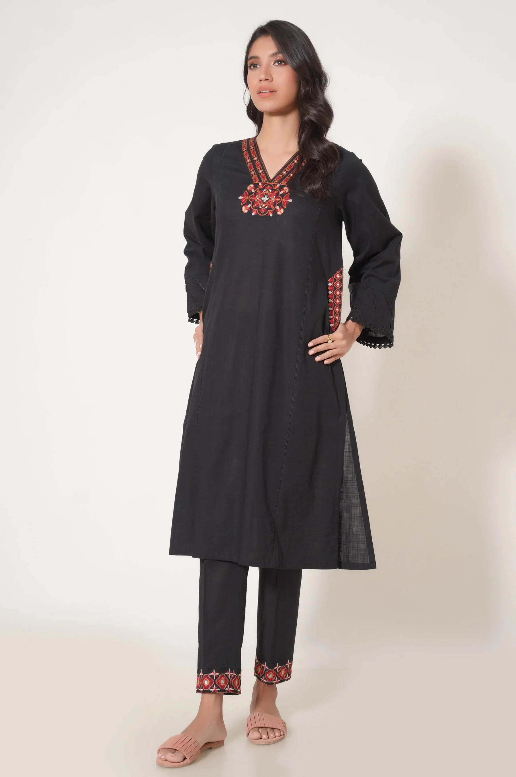 Stitched 2 Piece Embroidered Cotton Slub Suit - Image 4