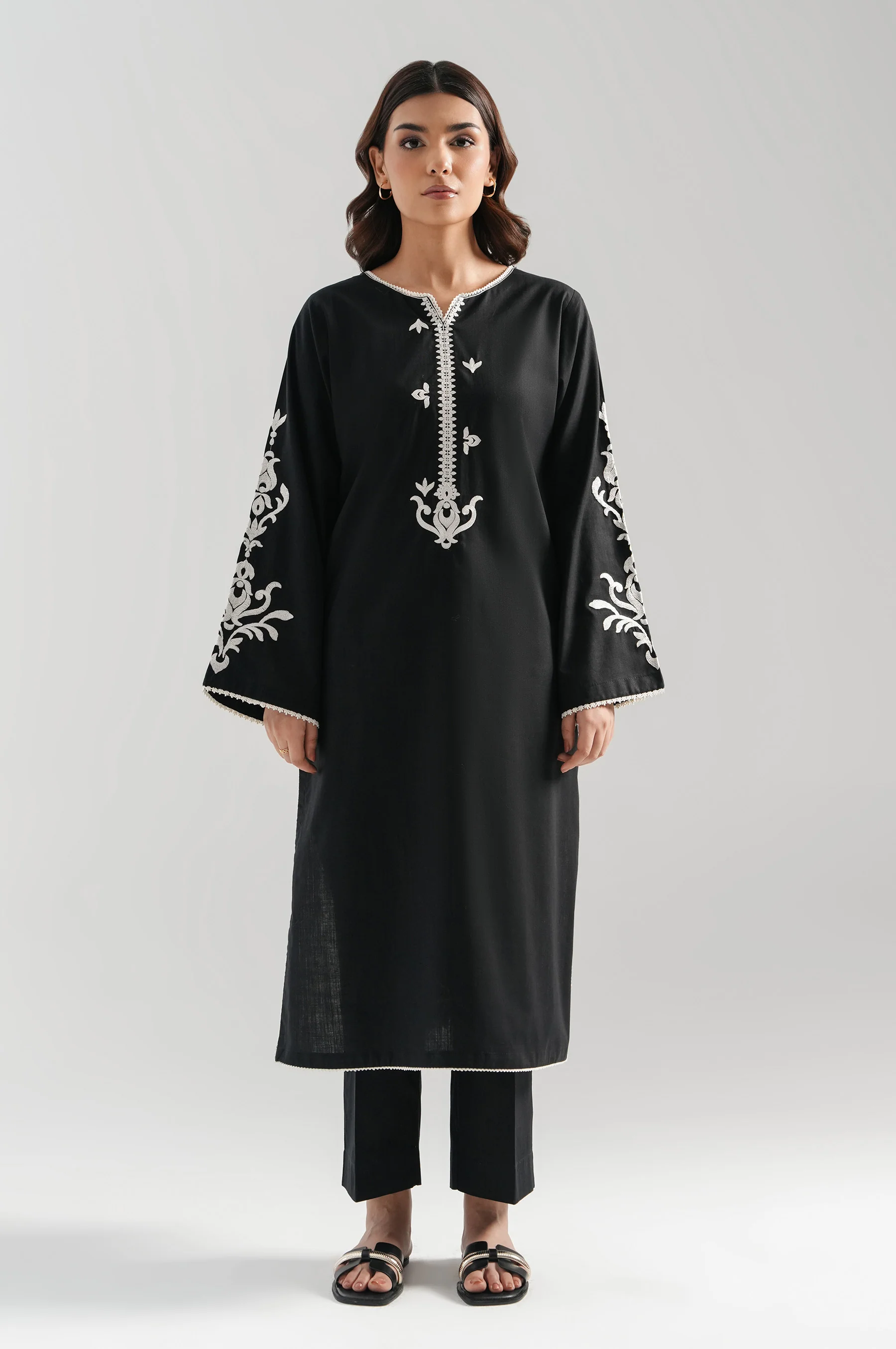 STITCHED EMBROIDERED COTTON SLUB SHIRT BOTTOM