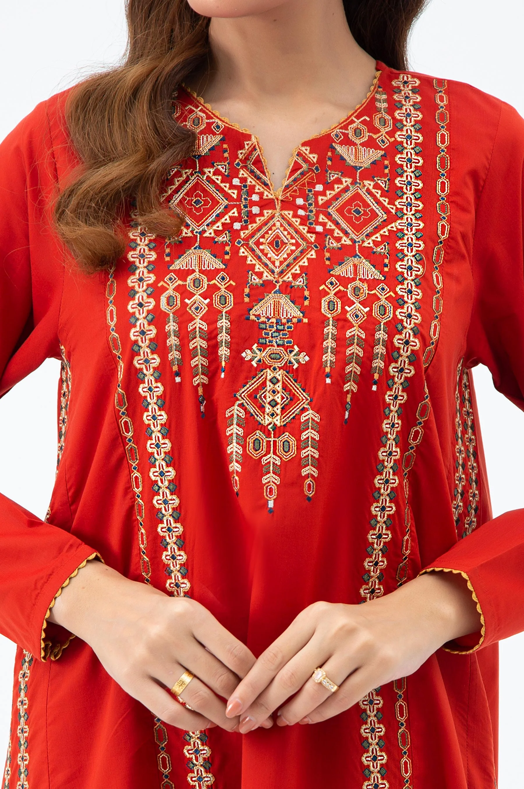 STITCHED EMBROIDERED COTTON VISCOSE SHIRT BOTTOM - Image 5