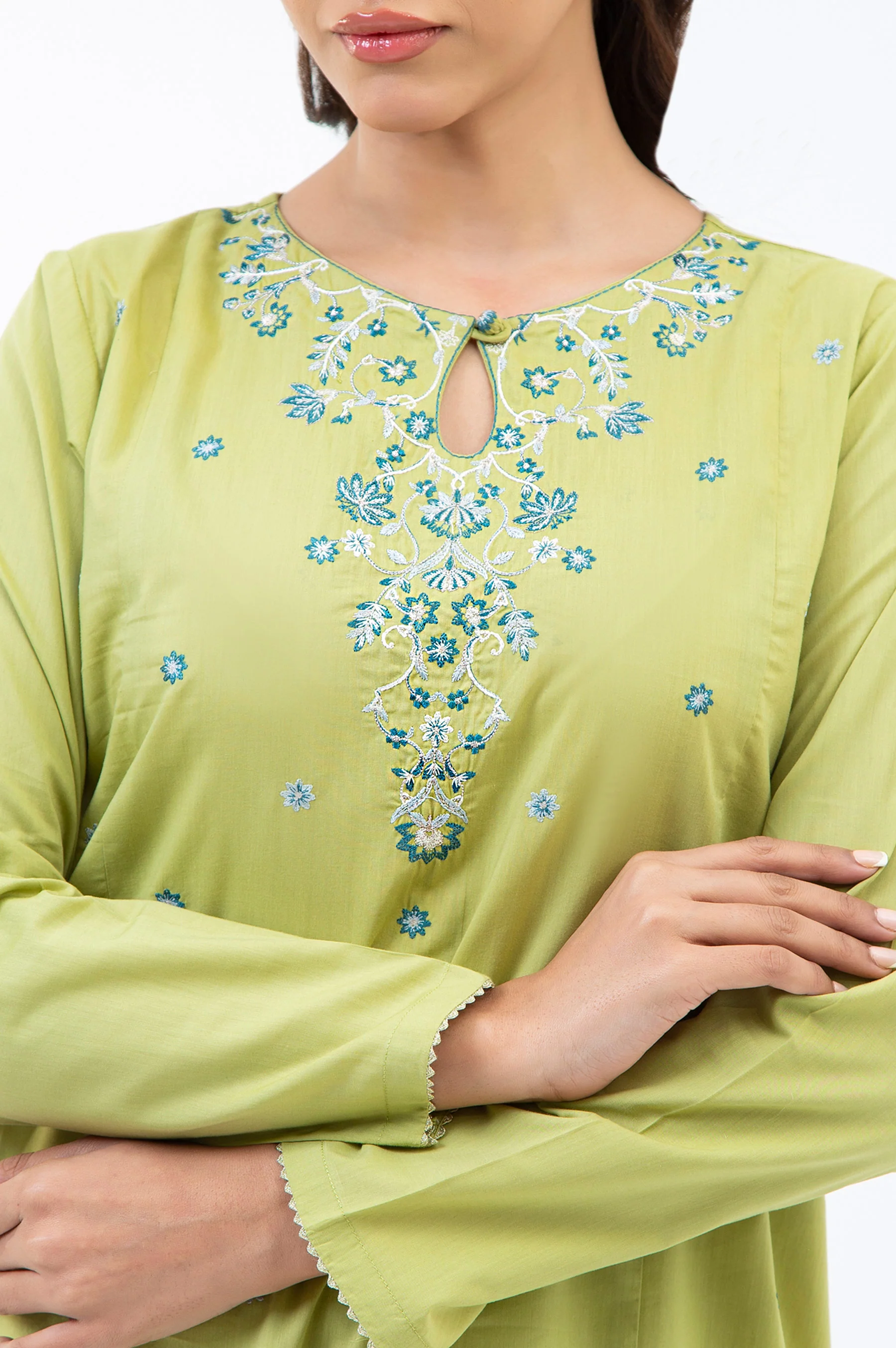 STITCHED EMBROIDERED COTTON VISCOSE SHIRT BOTTOM - Image 5