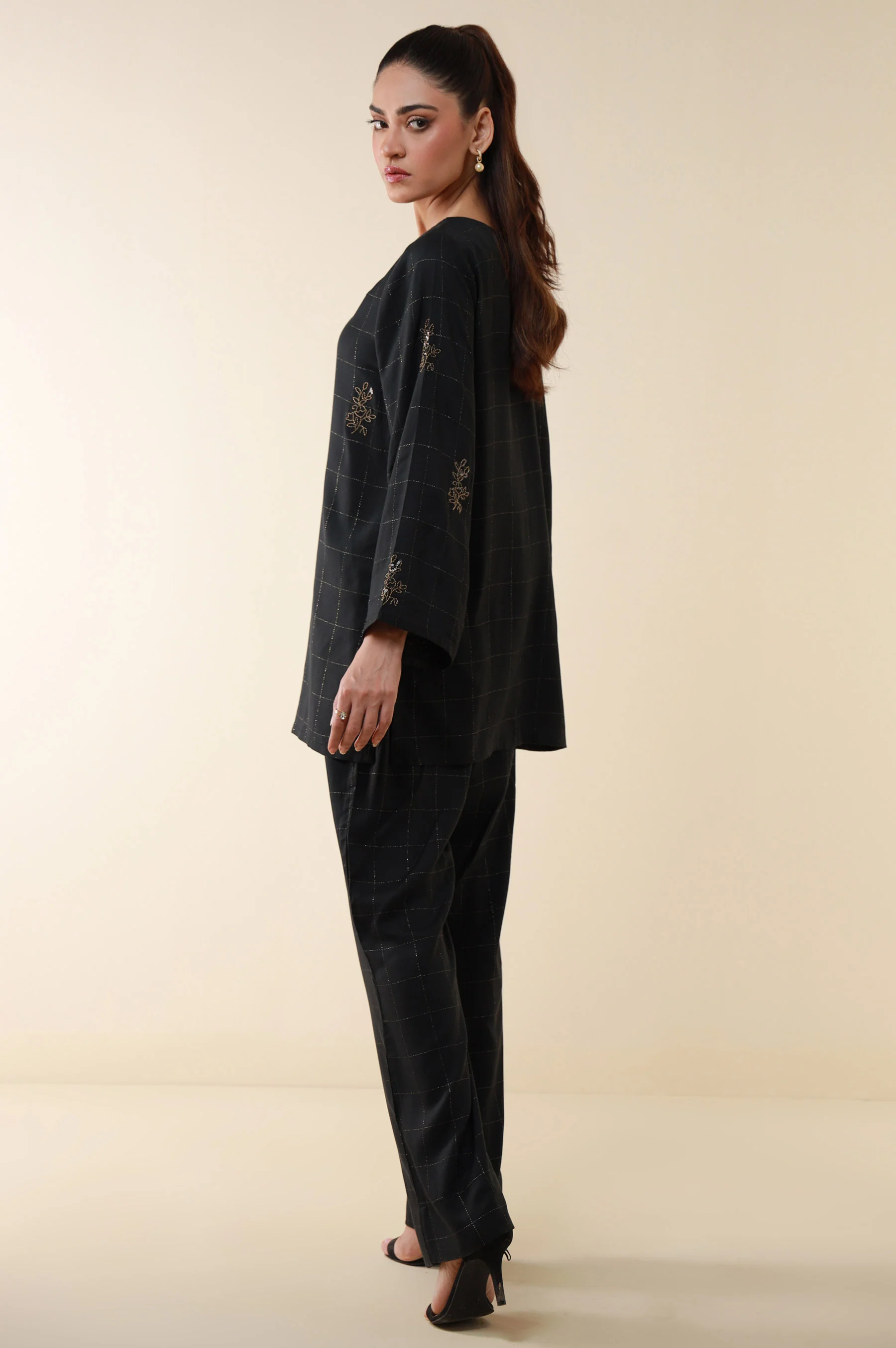 Stitched 2 Piece Embroidered Crepe Lurex Suit - Image 2