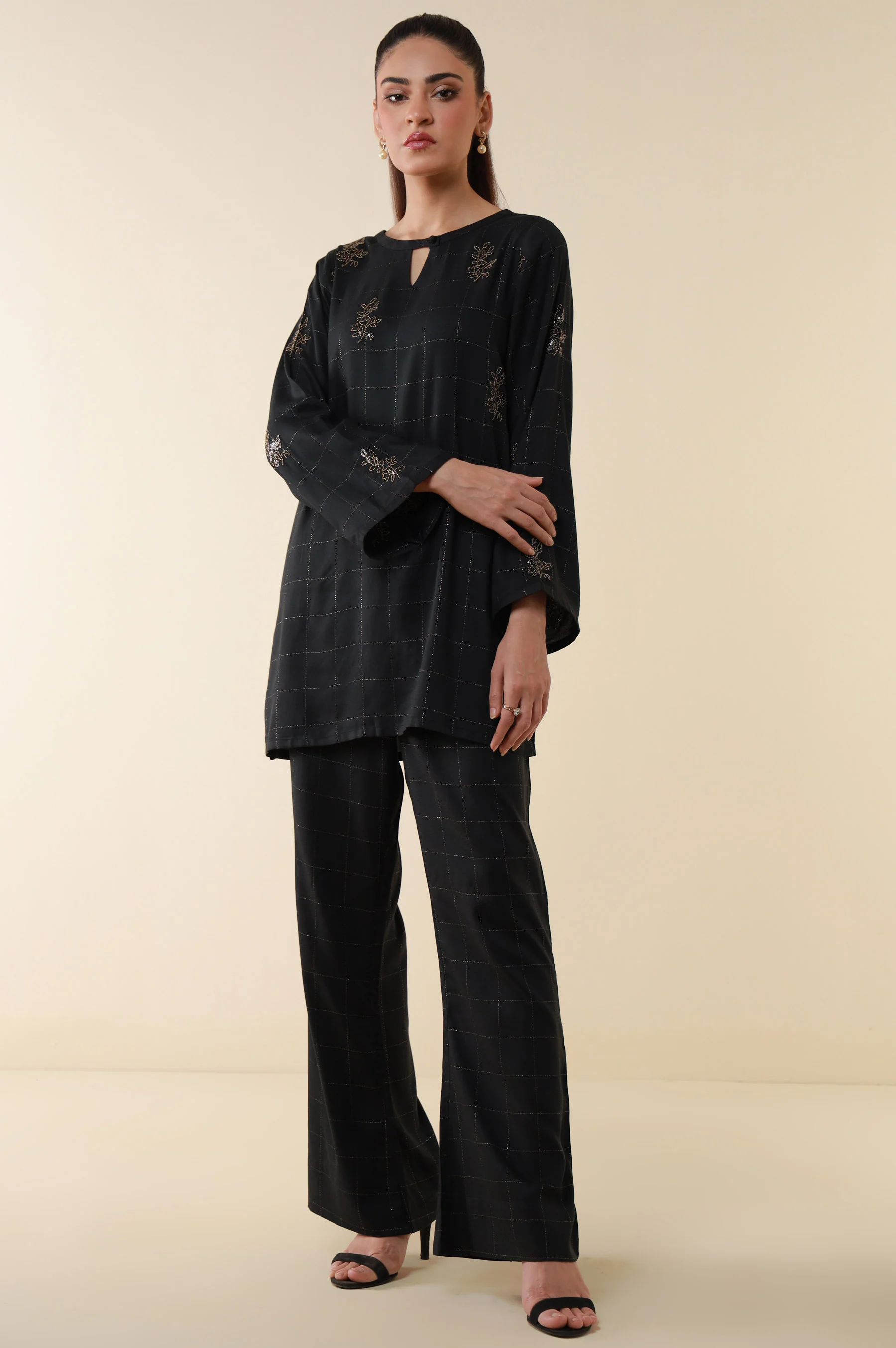 Stitched 2 Piece Embroidered Crepe Lurex Suit - Image 4