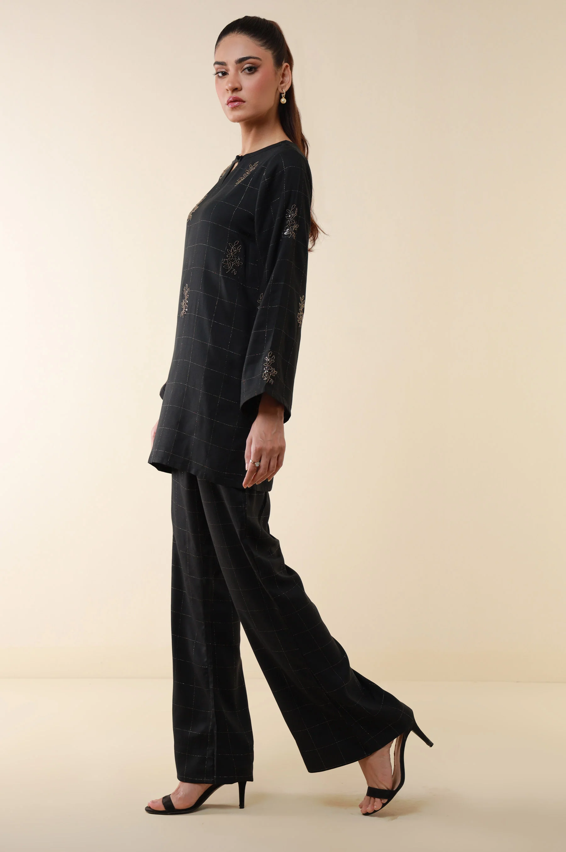 Stitched 2 Piece Embroidered Crepe Lurex Suit - Image 5