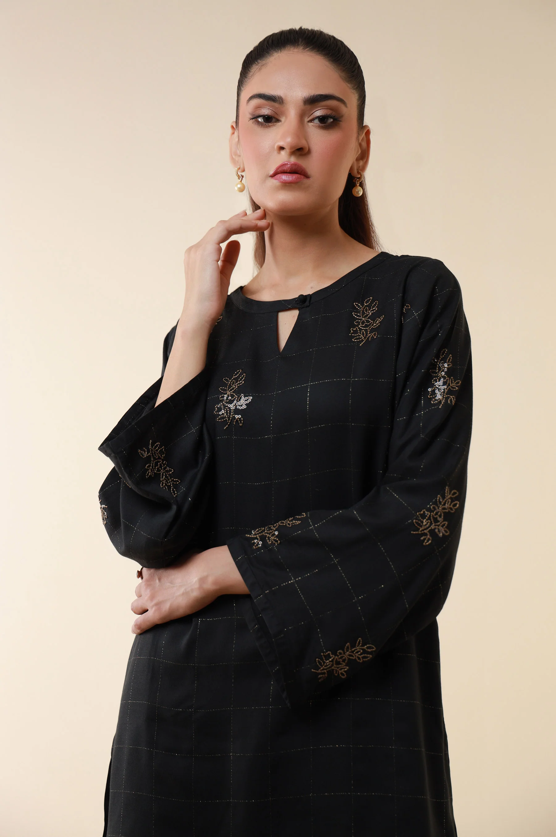 Stitched 2 Piece Embroidered Crepe Lurex Suit - Image 6