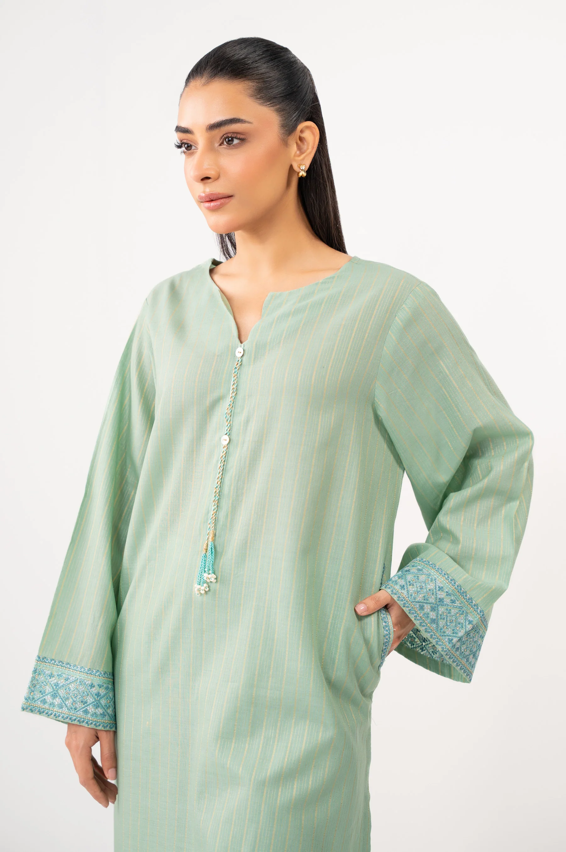 STITCHED EMBROIDERED DOBBY MYSURI SHIRT BOTTOM - Image 2