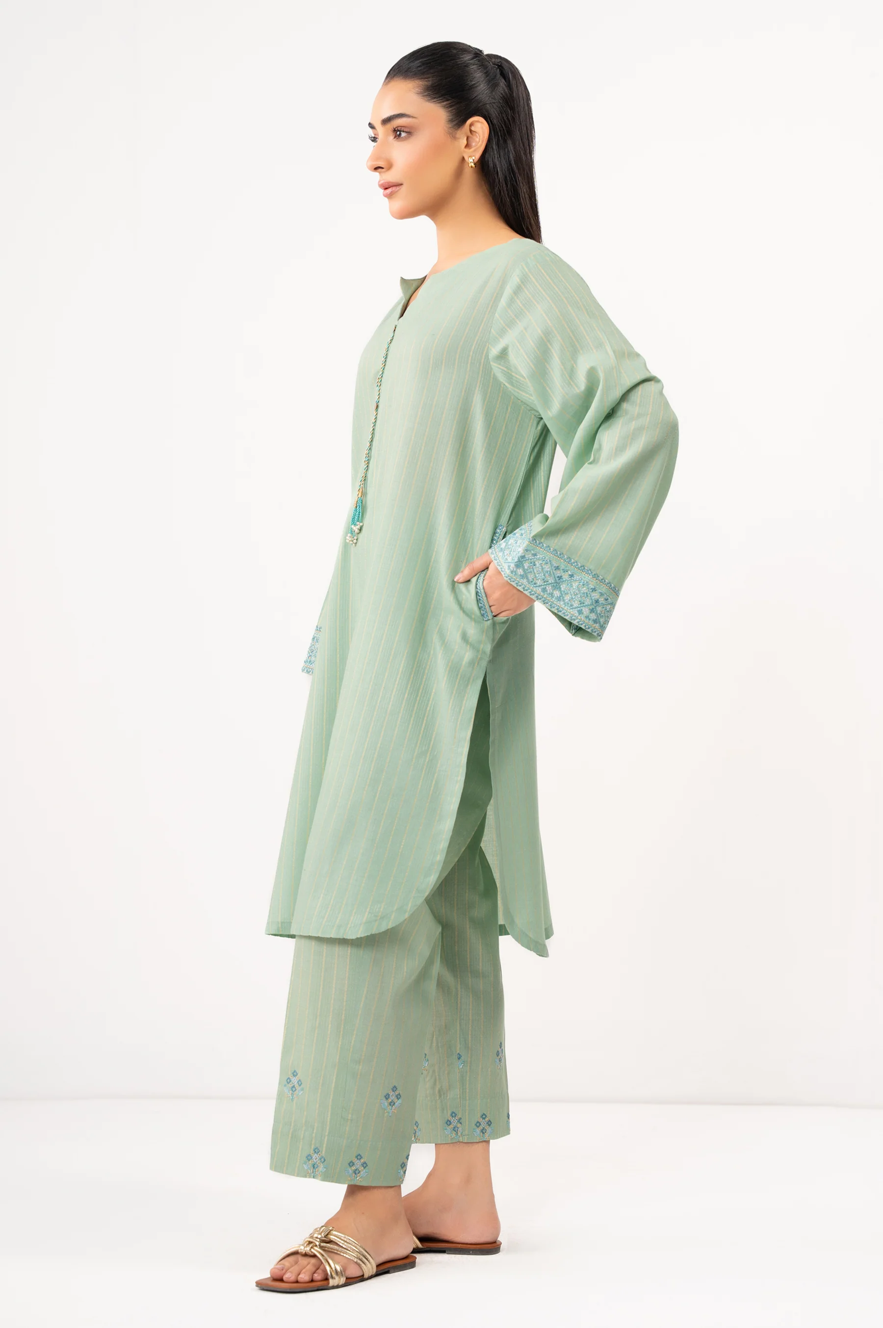STITCHED EMBROIDERED DOBBY MYSURI SHIRT BOTTOM - Image 3