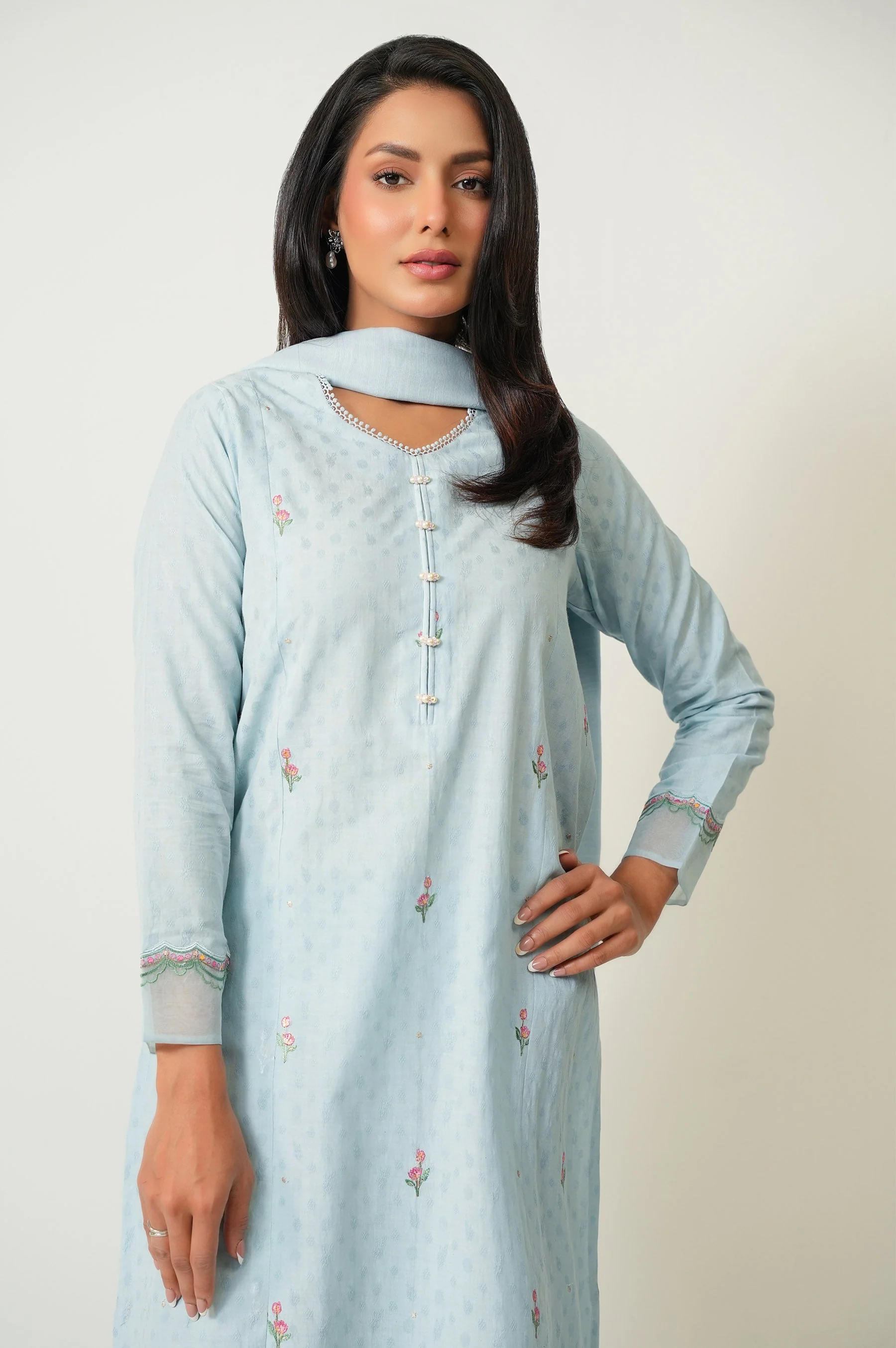 STITCHED EMBROIDERED DOBBY SHIRT BOTTOM - Image 2