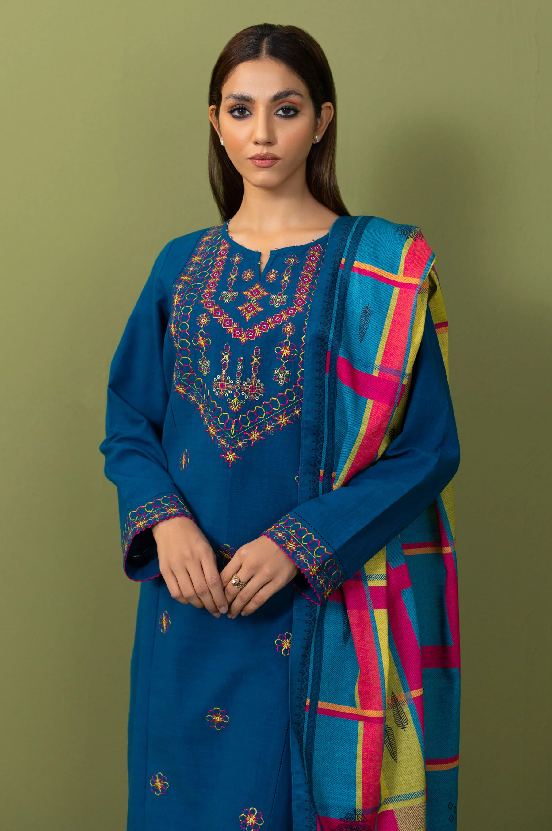 Stitched 2 Piece Dyed Embroidered Khaddar Shirt & Dupatta
