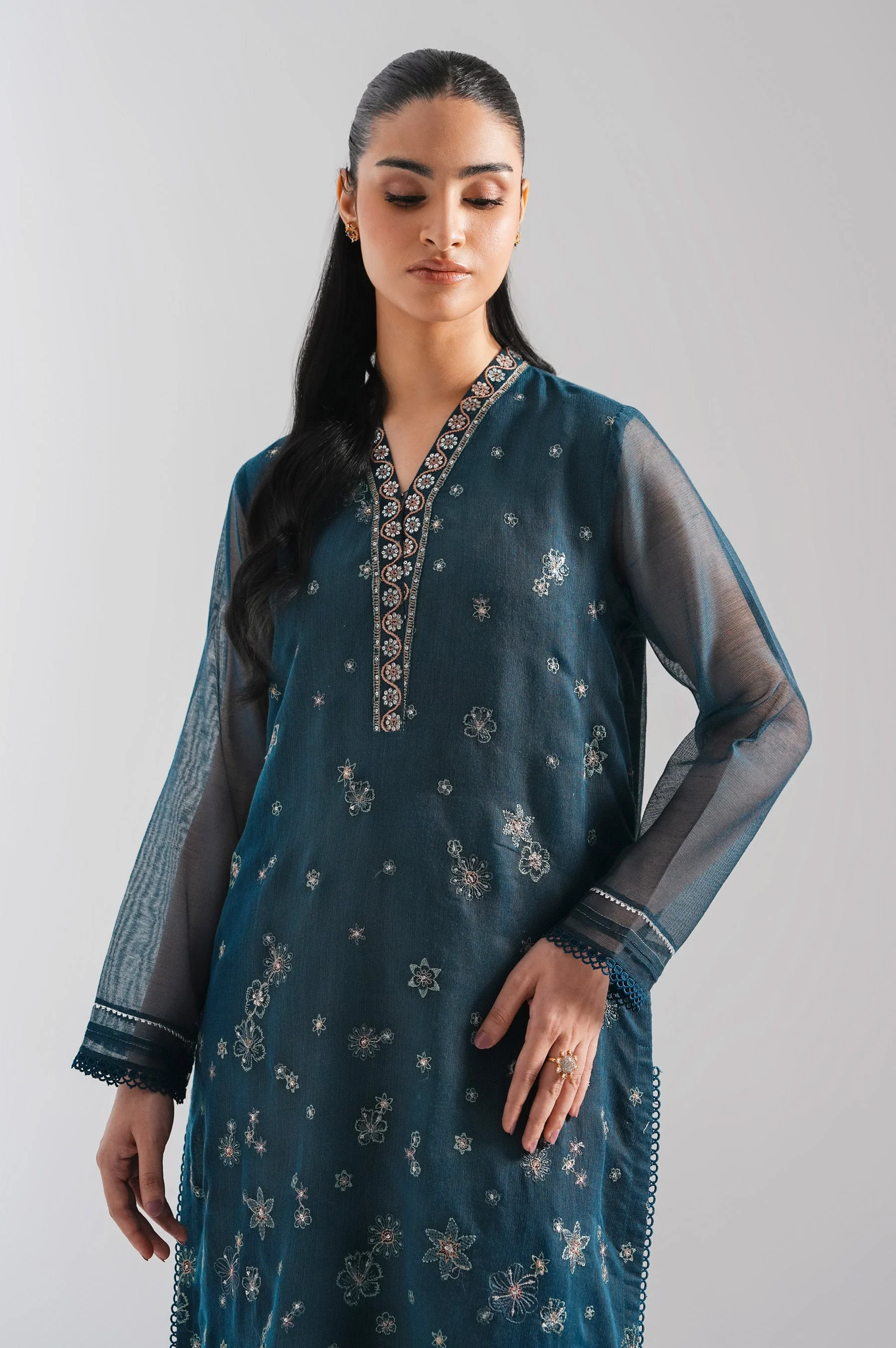 STITCHED EMBROIDERED KHADDI NET SHIRT BOTTOM (FACTORY E-OUTLET) - Image 2