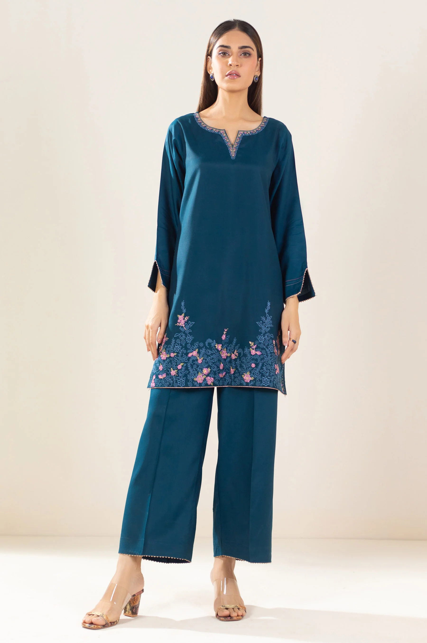 Stitched 2 Piece Embroidered Oak Silk Outfit