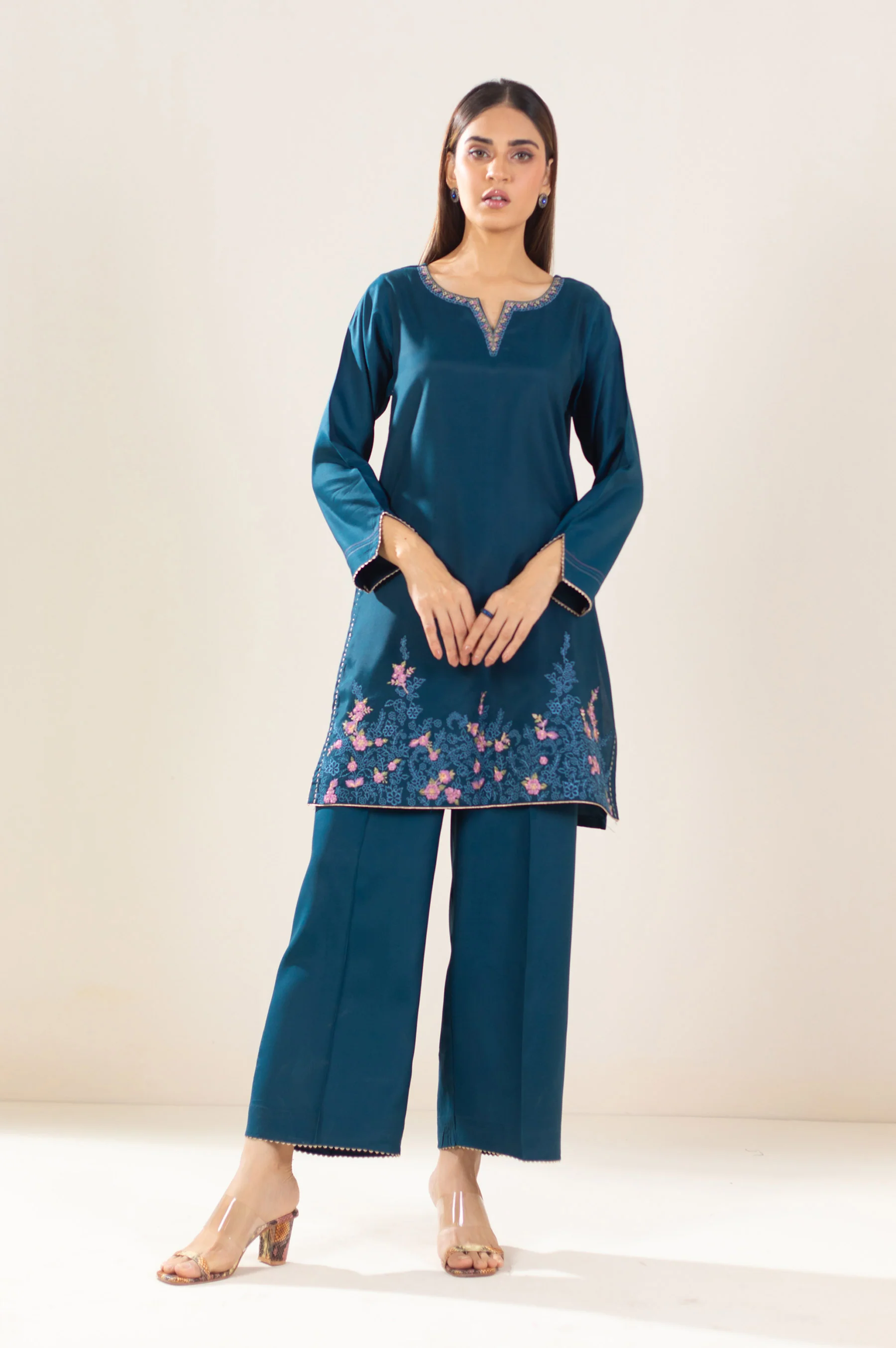 Stitched 2 Piece Embroidered Oak Silk Outfit - Image 4