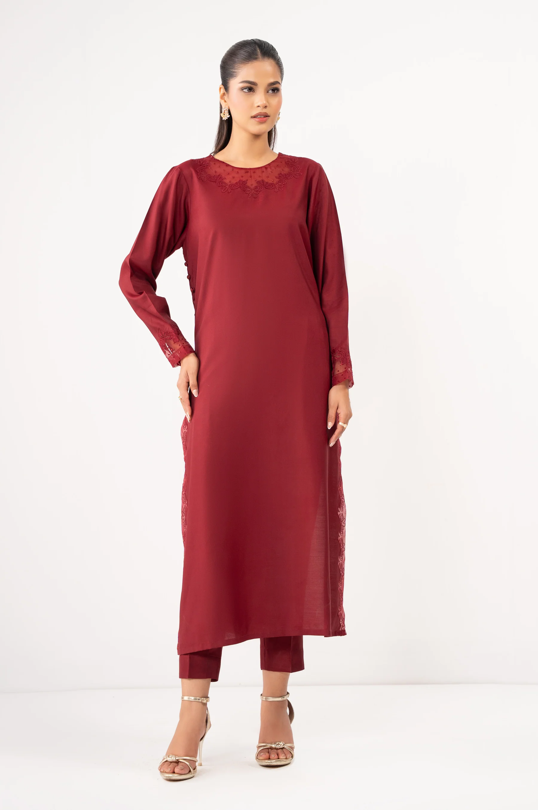 Stitched 2 Piece Embroidered Oak Silk Suit - Image 4