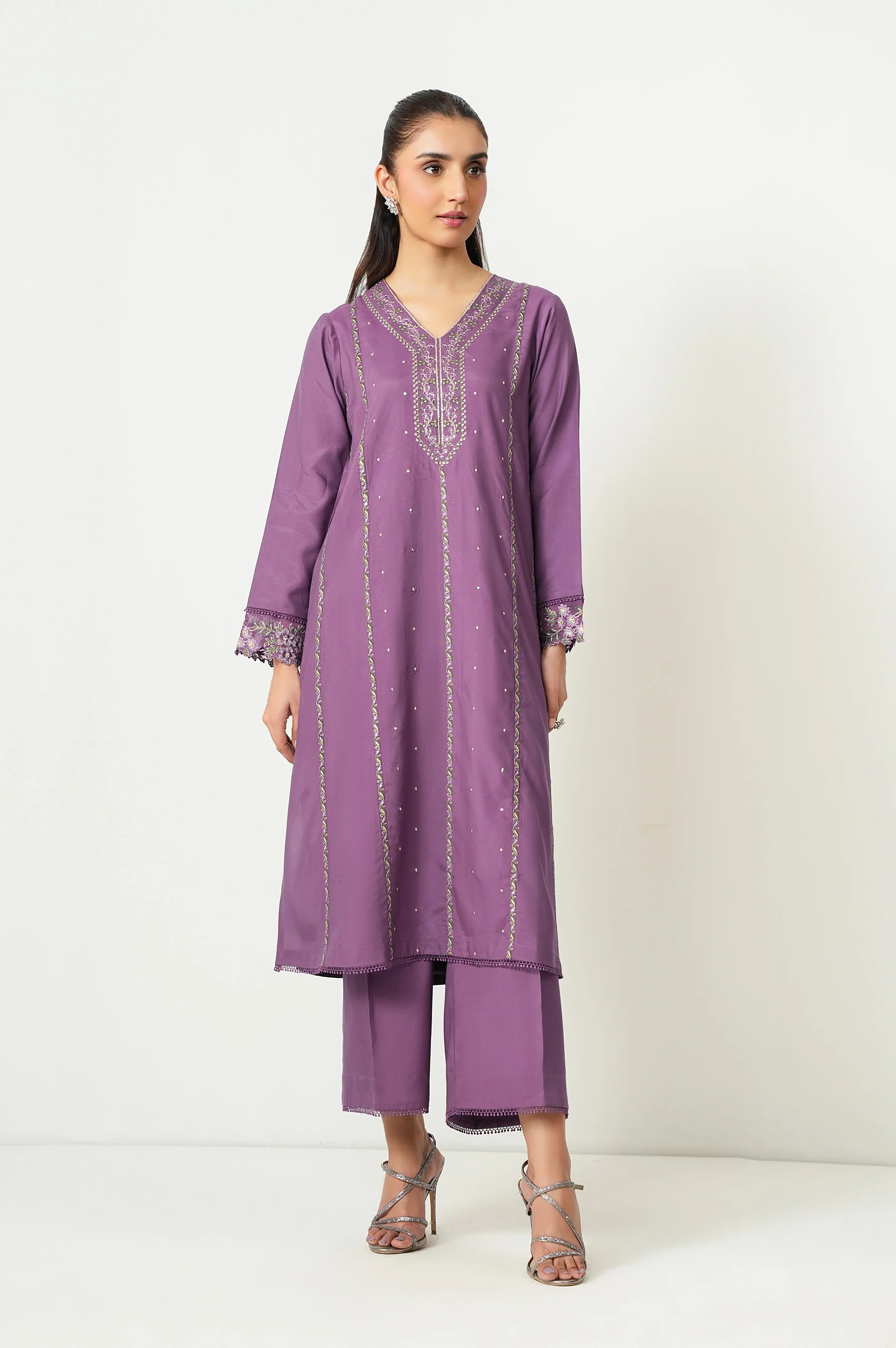 Stitched 2 Piece Embroidered Oak Silk Suit - Image 2