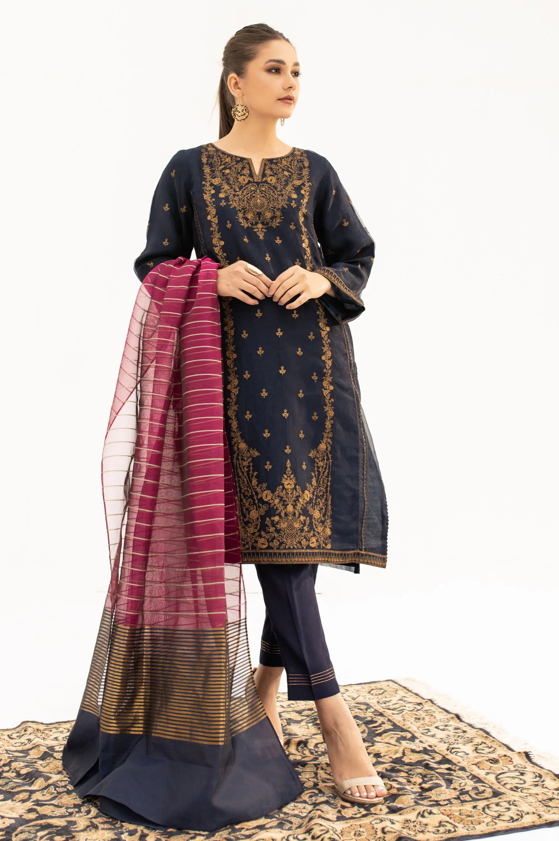 Stitched 2 Piece Embroidered Organza Suit