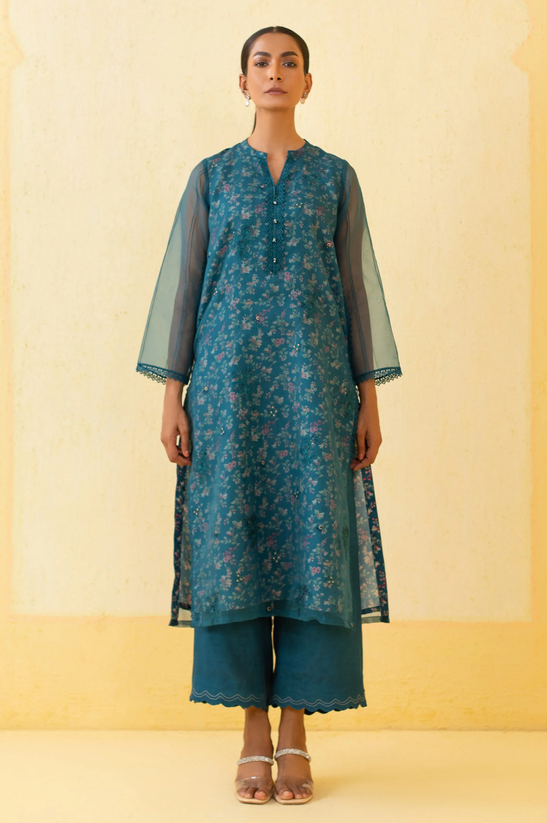 Stitched 2 Piece Embroidered Organza Suit